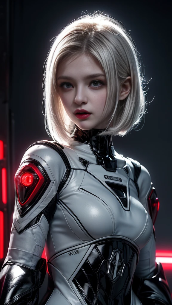 A digital illustration of a white mecha suit with short bob hairstyle, white hair, (full body length), (super cuteness), (super beautiful face), 32k UHD, C4D style, octane render, sharp focus, complex details, perfect details, highest resolution, Show shoes, 1 girl, solo, RAW, photo realistic of face, CG game art, wearing white armor and helmet, beautiful eyes. The background is a dark grey with neon red accents, creating an eerie atmosphere, The art style is inspired in the style of GG game artstyle, with a high contrast between light and shadow and futuristic elements. It is a digital art piece with a dark fantasy theme, vibrant colors, and sharp details.