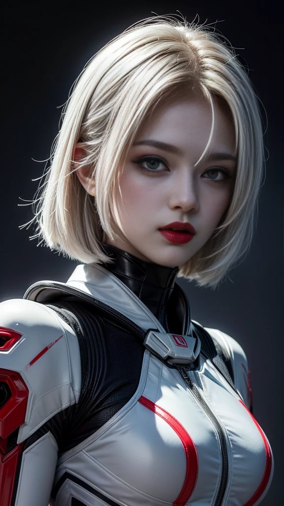 A digital illustration of a white mecha suit with short bob hairstyle, white hair, (full body length), (super cuteness), (super beautiful face), 32k UHD, C4D style, octane render, sharp focus, complex details, perfect details, highest resolution, Show shoes, 1 girl, solo, RAW, photo realistic of face, CG game art, wearing white armor and helmet, beautiful eyes. The background is a dark grey with neon red accents, creating an eerie atmosphere, The art style is inspired in the style of GG game artstyle, with a high contrast between light and shadow and futuristic elements. It is a digital art piece with a dark fantasy theme, vibrant colors, and sharp details.