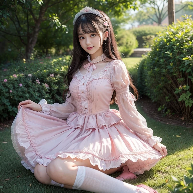 best quality, masterpiece, lifelike, 1 girl, alone, eternal, black hair, Long curly hair, blunt bangs, Smile, pink skirt, pink lolita dress, layered skirt, Lolita style long skirt,Layered dress lace-trimmed skirt, decorate, lace, long sleeve, puff sleeves, wide sleeves, Transparent sleeves, hair accessories, in the flower garden, flower, Detailed background, delicate face,pink blush,White knee-length socks, Pink shoes,cold,Lots of lace,((masterpiece))、(top quality)、8K、high detail、super detailed、 21 years old female,wearing pink lolita dress((dreamy atmosphere:1.1))、Seductive and whimsical style、masterpiece、born、Scenes resembling fairy tale illustrations、intricate details show the ruffles and intricate designs of the lolita gown、capricious、 beautifully、Dream aesthetics、「𝓡𝓸𝓶𝓪𝓷𝓽𝓲𝓬、ethereal、charming、fickle、magic」、realism、Visual effects、FXAA、SSAO、shader、voiceless、environmental lighting、Tone mapping、High resolution、ultra high definition、megapixel、(8K resolution:1.10)、8K、8K resolution、high detail、intricate details、 (high quality:1.2、masterpiece:1.2、:1.21)、(21 years old female:1.21)、(Smile excitedly)、(Surrounded by the dreamy atmosphere of an amusement par color lolita dress、Her eyes were full of surprise and joy、I took a lot of geek photos、High heel、Model diagram,full-body shot,Knee-high white的 lace socks,Sweet Lolita,Normal 2 feet,Pink shoes,Baotou shoes,full-body shot,Don't expose your fingers,Emphasize the volume of the skirt,exposed,huge breasts,The skirt flew up,低胸exposed,hair accessories,big skirt dress,If you shoot from a certain angle you can see my panties,The skirt floated up