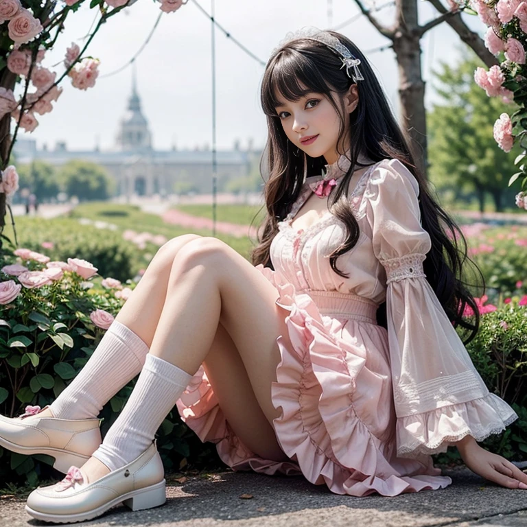 best quality, masterpiece, lifelike, 1 girl, alone, eternal, black hair, Long curly hair, blunt bangs, Smile, pink skirt, pink lolita dress, layered skirt, Lolita style long skirt,Layered dress lace-trimmed skirt, decorate, lace, long sleeve, puff sleeves, wide sleeves, Transparent sleeves, hair accessories, in the flower garden, flower, Detailed background, delicate face,pink blush,White knee-length socks, Pink shoes,cold,Lots of lace,((masterpiece))、(top quality)、8K、high detail、super detailed、 21 years old female,wearing pink lolita dress((dreamy atmosphere:1.1))、Seductive and whimsical style、masterpiece、born、Scenes resembling fairy tale illustrations、intricate details show the ruffles and intricate designs of the lolita gown、capricious、 beautifully、Dream aesthetics、「𝓡𝓸𝓶𝓪𝓷𝓽𝓲𝓬、ethereal、charming、fickle、magic」、realism、Visual effects、FXAA、SSAO、shader、voiceless、environmental lighting、Tone mapping、High resolution、ultra high definition、megapixel、(8K resolution:1.10)、8K、8K resolution、high detail、intricate details、 (high quality:1.2、masterpiece:1.2、:1.21)、(21 years old female:1.21)、(Smile excitedly)、(Surrounded by the dreamy atmosphere of an amusement par color lolita dress、Her eyes were full of surprise and joy、I took a lot of geek photos、High heel、Model diagram,full-body shot,Knee-high white的 lace socks,Sweet Lolita,Normal 2 feet,Pink shoes,Baotou shoes,full-body shot,Don't expose your fingers,Emphasize the volume of the skirt,exposed,huge breasts,The skirt flew up,低胸exposed,hair accessories,big skirt dress,If you shoot from a certain angle you can see my panties,The skirt floated up