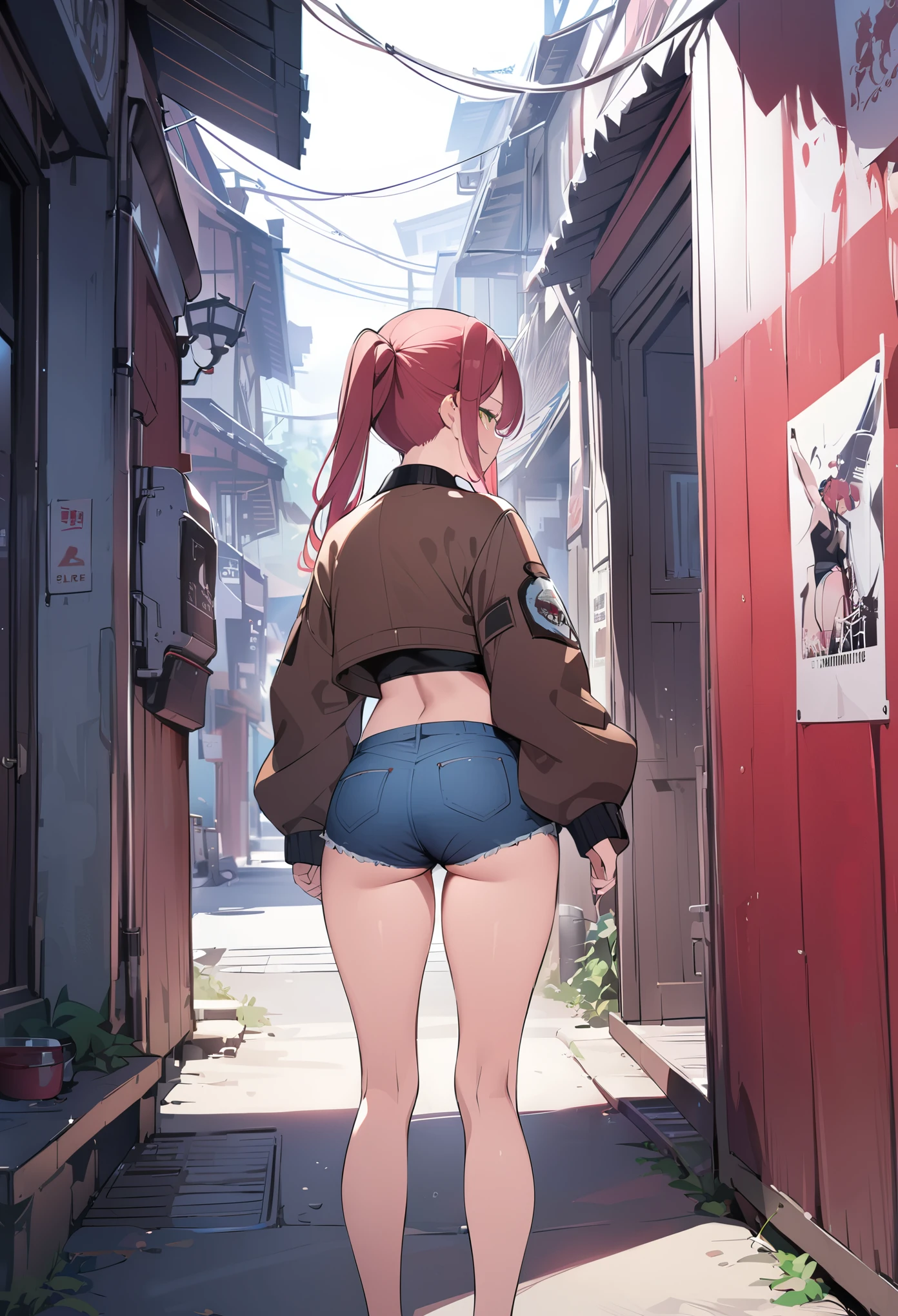 full body shot, asian women、Irina Sidow、redhead、twin tails、green eyes, She is wearing a bomber jacket, crop top and denim shorts., side shot, buckshot, Shot from the back side, Behind the Scenes, masterpiece, very detailed