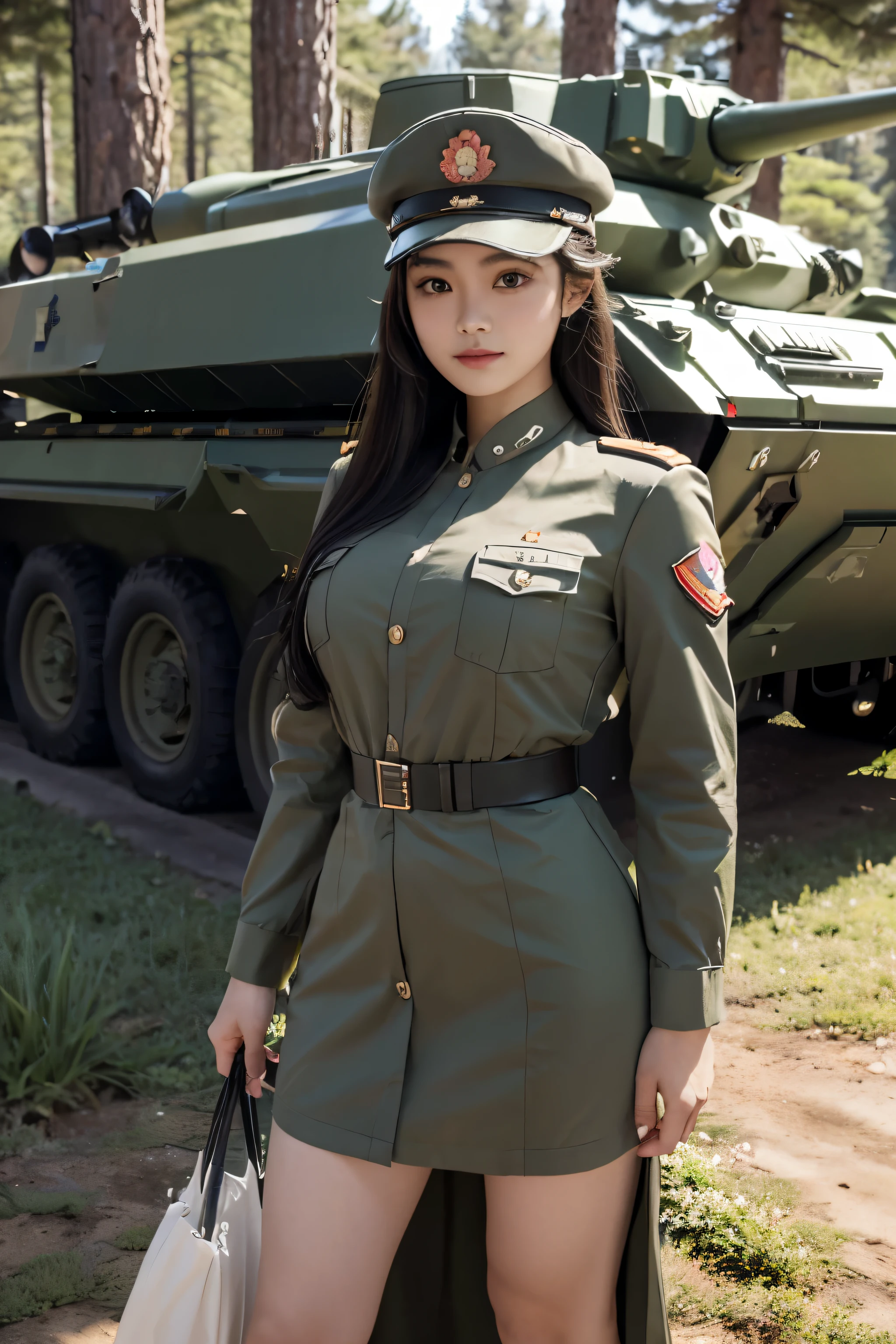 8k, highest quality, ultra detailed:1.37), Eliana, ((18 years)), a beautiful Asian girl, ((proudly stands in a military uniform)), representing her role as a soldier. She wears a fitted olive green dress. The high-resolution image captures ultra-detailed realism, highlighting Eliana's determined expression, piercing eyes, and confident stance. The backdrop showcases an forest, adding to the authenticity and significance of the image. This visually striking representation showcases Eliana's strength and dedication as a soldier, cute knees, ((Lake)), ((Pine trees)), Beautiful Smile 1:2, ((Detailed face)), ((Perfect body figure)), ((Detailed hair)), ((Detailed Dress)), Tanker, Army vehicle, ((S-500 missile launcher)), Missile fired from Launcher, k, heavy Armour vehicles, ((rose Flower in hand)), ((Super round breast under the uniform)),