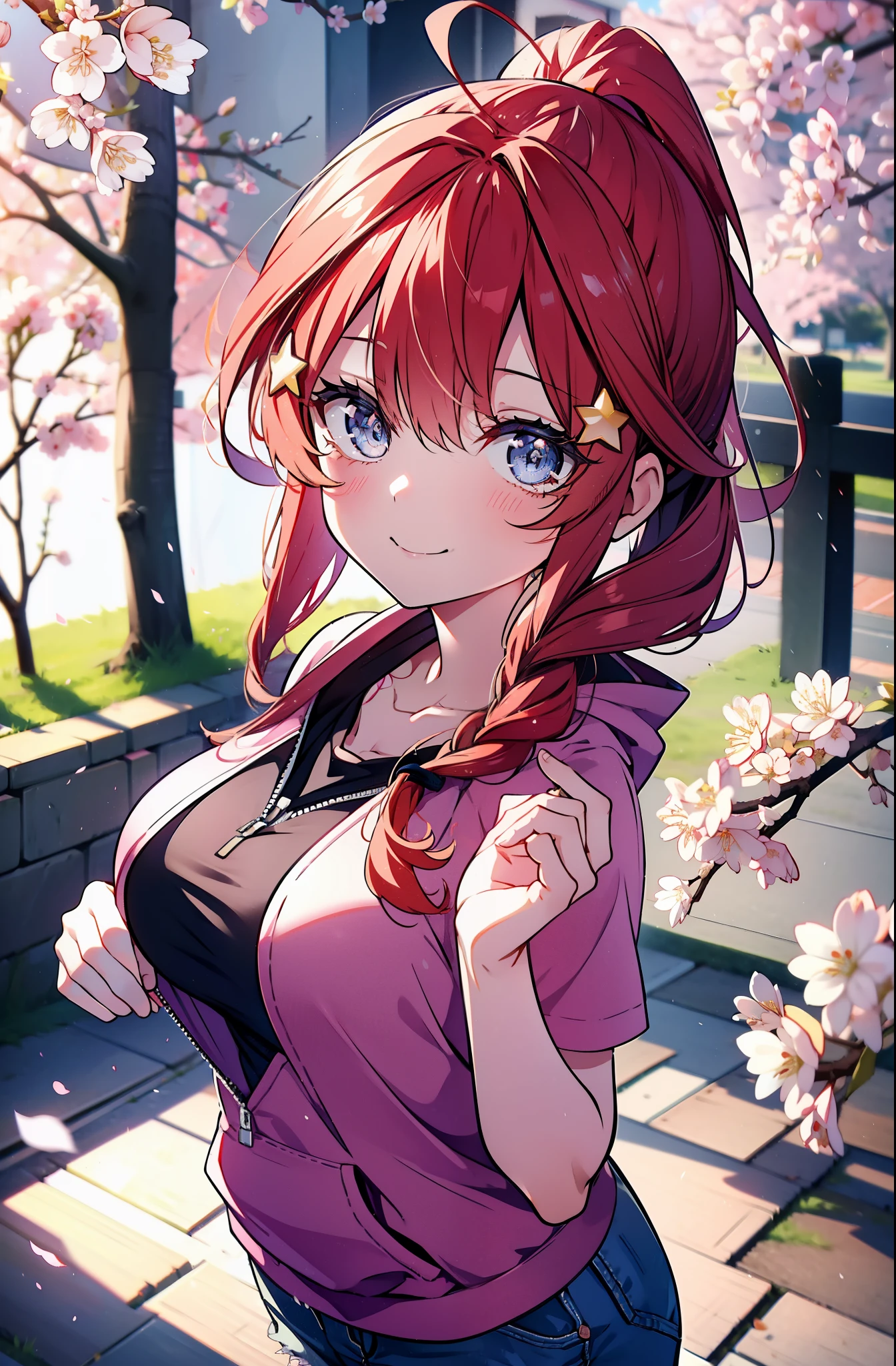 itsukinakano, itsuki nakano, bangs, blue eyes, hair between eyes, Ahoge, redhead, star \(symbol\), hair ornaments, star hair ornaments,short braided hair,Ponytail happy smile, smile, open your mouth,happy smile, smile, open your mouth,Red short sleeve hoodie,short denim pants,Black high top sneakers,cherry blossoms are blooming,Cherry blossoms are scattered,Cherry blossom tree-lined path,walking,
break outdoors, 公園
break looking at viewer,whole body, (cowboy shot:1.5),
break (masterpiece:1.2), highest quality, High resolution, unity 8k wallpaper, (figure:0.8), (detailed and beautiful eyes:1.6), highly detailed face, perfect lighting, Very detailed CG, (perfect hands, perfect anatomy),