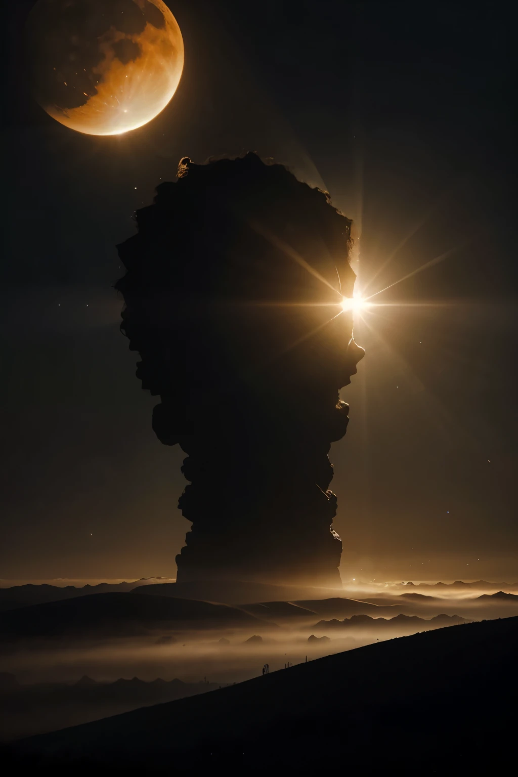 Total Eclipse of the Sun: An awe-inspiring, cinematic video capturing the 8k UHD spectacle of a solar eclipse. high quality production brought to you in the style of George Miller's Mad Max. The video should be ultra-realistic, with every detail hyper-realistically rendered in high-resolution. The sun's gradual disappearance under the moon's shadow, bathed in natural light, creates soft, ethereal shadows adorning the landscape. raw and vibrant colors envelop the screen, from the deep blackness of the moon to the fiery intensity of the sun's corona. Volumetric dust particles, depth blur, and