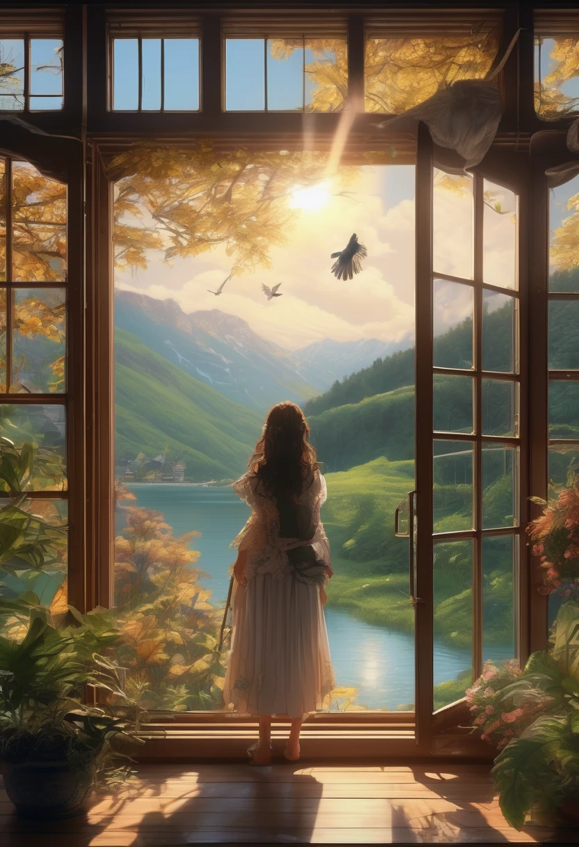 1girl, The View Outside the Window, (4k,8k,highres,:1.2),ultra-detailed,(realistic,photorealistic,photo-realistic:1.37),indoor view,window view,outside scene,outdoor scenery,breathtaking landscape,panoramic view,serene atmosphere,clear blue sky,rolling hills,green meadows,colorful flowers,trees swaying in the wind,sun shining brightly,golden sunlight streaming in through the window,glimmering lake in the distance,crystal-clear water,reflection of the sky on the water surface,lush forests,majestic mountains on the horizon,peaceful countryside,tranquil setting,quiet ambiance,gentle breeze rustling the leaves,morning mist over the fields,tiny birds chirping,soft rays of sunlight illuminating the room,nature's beauty at your doorstep,serenity of the outside world,boundless beauty right outside the window . masterpiece, best quality, very aesthetic, absurdres, aesthetic