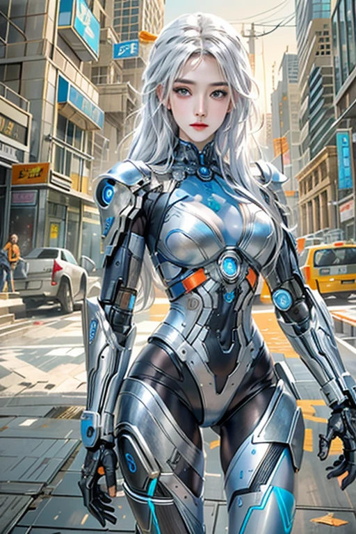 photorealistic, Realistic picture,Masterpiece,high resolution, woman ,have blue eyes, look at the viewer., (detailed face), has blue eyes,white hair, cybernetic robot,Metallic orange body,(The details of the outfit are perfect.) The background is a deserted city.
