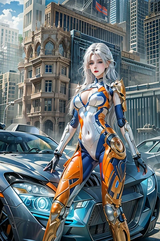 photorealistic, Realistic picture,Masterpiece,high resolution, woman ,have blue eyes, look at the viewer., (detailed face), has blue eyes,white hair, cybernetic robot,Metallic orange body,(The details of the outfit are perfect.) The background is a deserted city.