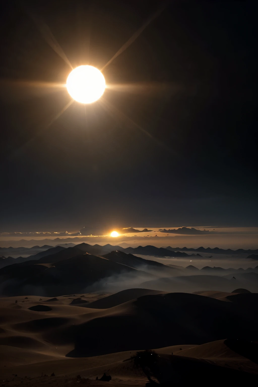 Total Eclipse of the Sun: An awe-inspiring, cinematic video capturing the 8k UHD spectacle of a solar eclipse. high quality production brought to you in the style of George Miller's Mad Max. The video should be ultra-realistic, with every detail hyper-realistically rendered in high-resolution. The sun's gradual disappearance under the moon's shadow, bathed in natural light, creates soft, ethereal shadows adorning the landscape. raw and vibrant colors envelop the screen, from the deep blackness of the moon to the fiery intensity of the sun's corona. Volumetric dust particles, depth blur, and