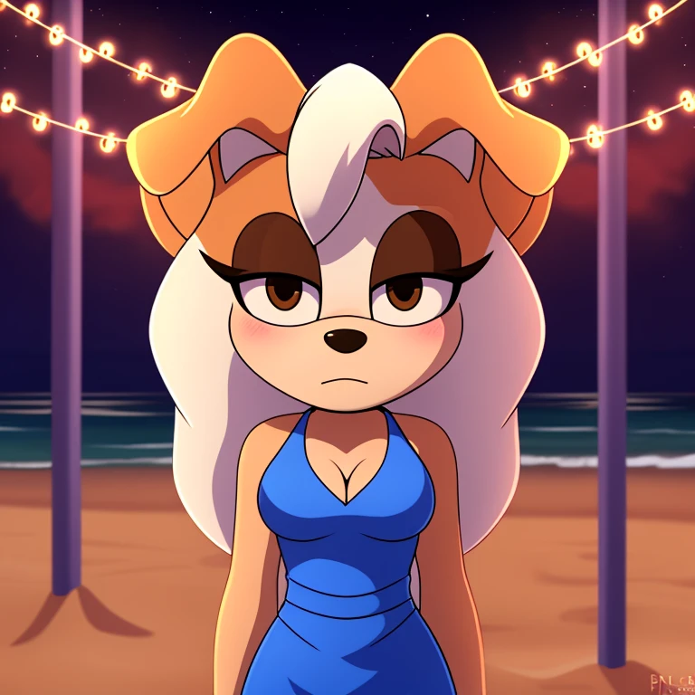 mobian bear, brown hair, brown eyes, black hair, black fur, straight hair, long hair, female, medium breasts, ocean, female, 1girl, portrait, standing, nightgown, strapless bra, cleavage, white long skirt, transparent skirt, dominant female, smile, shore, frilled underwear, night, moon, stars, ghost, transparent body, psychedelic background, Masterpiece, high quality, studio quality, intricate details, 4k, solo