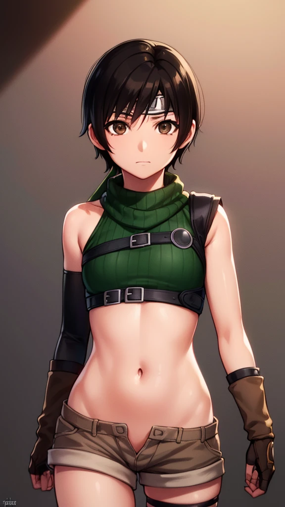 Yuffie Axlage, Kisaragi Yuffie, (black hair:1.5), (brown eyes:1.7), short hair, Pixie cut,
Breaking out the belly button top, Fingerless Gloves, fishnet tights, fishing net, Forehead protector, Gloves, scarf, belly button, short shorts, shorts, single sleeve, Single thigh high, sleeveless, sleevelessturtleneck sweater, thigh thigh thigh, turtleneck sweater,
BREAK Cowboy Shooting, looking at the audience, high quality, High resolution, unified 8k wallpaper, (digit:0.8), (Detailed and beautiful eyes:1.6), The facial details are very rich, perfect lighting, Highly detailed CG, (perfect hands, perfect anatomy),whole body