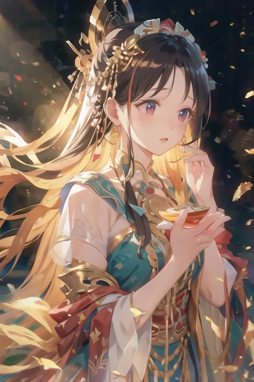 (RAW photo, best quality), (realistic, photo-realistic:1.3),best quality,highly detailed,masterpiece,ultra-detailed,illustration,1girl,upper_body,dynamic angle,world masterpiece theater,messy_long_hair,best quality,extremely detailed CG unity 8k wallpaper,ink,Amazing,cinematic lighting,lens_flare, dunhuang_style