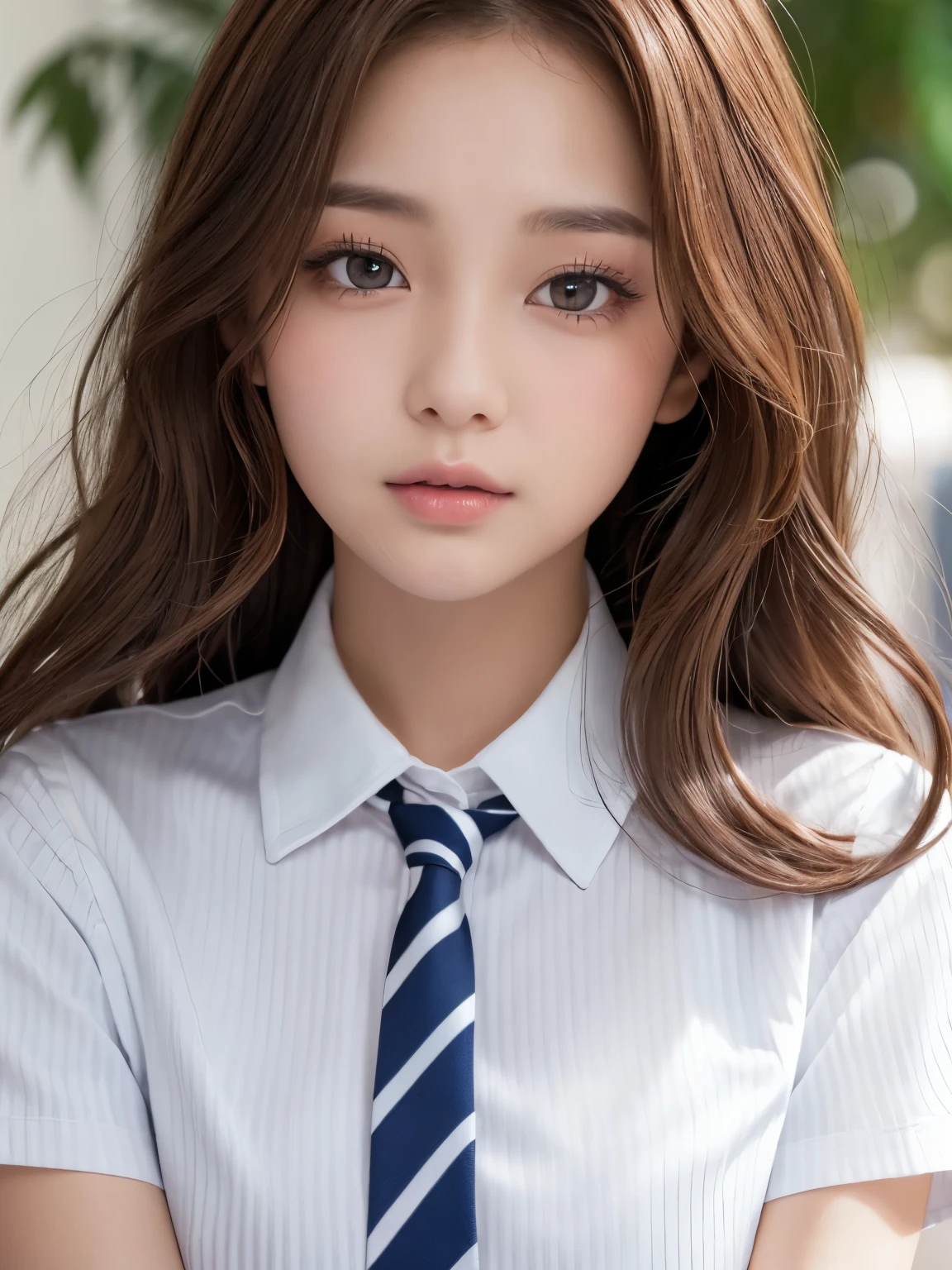 (table top:1.4, Photoreal:1.4, 8K), highest quality, masterpiece, ultra high resolution, perfect dynamic composition, big face、round face、((light brown hair, long hair, curly hair))、Highly detailed skin and facial textures:1.3, Detail of limbs, 1 girl, Cute sexy 22 year old woman, (sunburn:1.0), ((completely enchants you:0.9)), ((school uniform, white collared short sleeve shirt, Striped tie)),Medium chest, (distant eyes, beautiful eyes, brown eyes、Eyes that feel beautiful eros:0.85), sexy face:0.4, (closed mouth、small mouth、thick lips、A taste of beautiful eroticism:0.85), ((Too cute beauty:0.9))、gal makeup、((extreme close up))