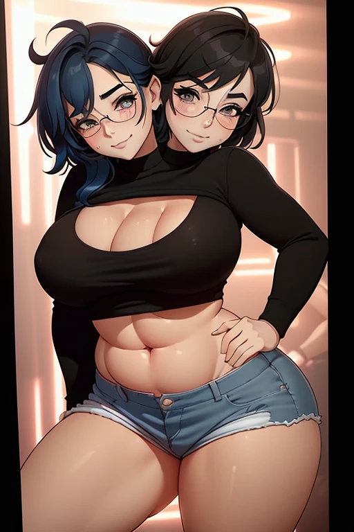 2heads, a very tall chubby woman with 2 heads. Dancing in a dark dark strip club, on a stage in a strip club, dancing near stripper pole. Wearing thick glasses, wearing crop-top shirt, wearing jean shorts. Young, e-girl, girlfriend. Messy short black hair. Thin face. Smiling. Blushing. Tiny breasts. Seductive. Thick eyeliner. Eyeshadow. Smug expression. Extremely tall. Small breasts. Gently touching breasts. Flat chest, small breasts. Freckles, many freckles. Seductive pose. Slutty. Grabbing breasts, firmly squeezing breasts.