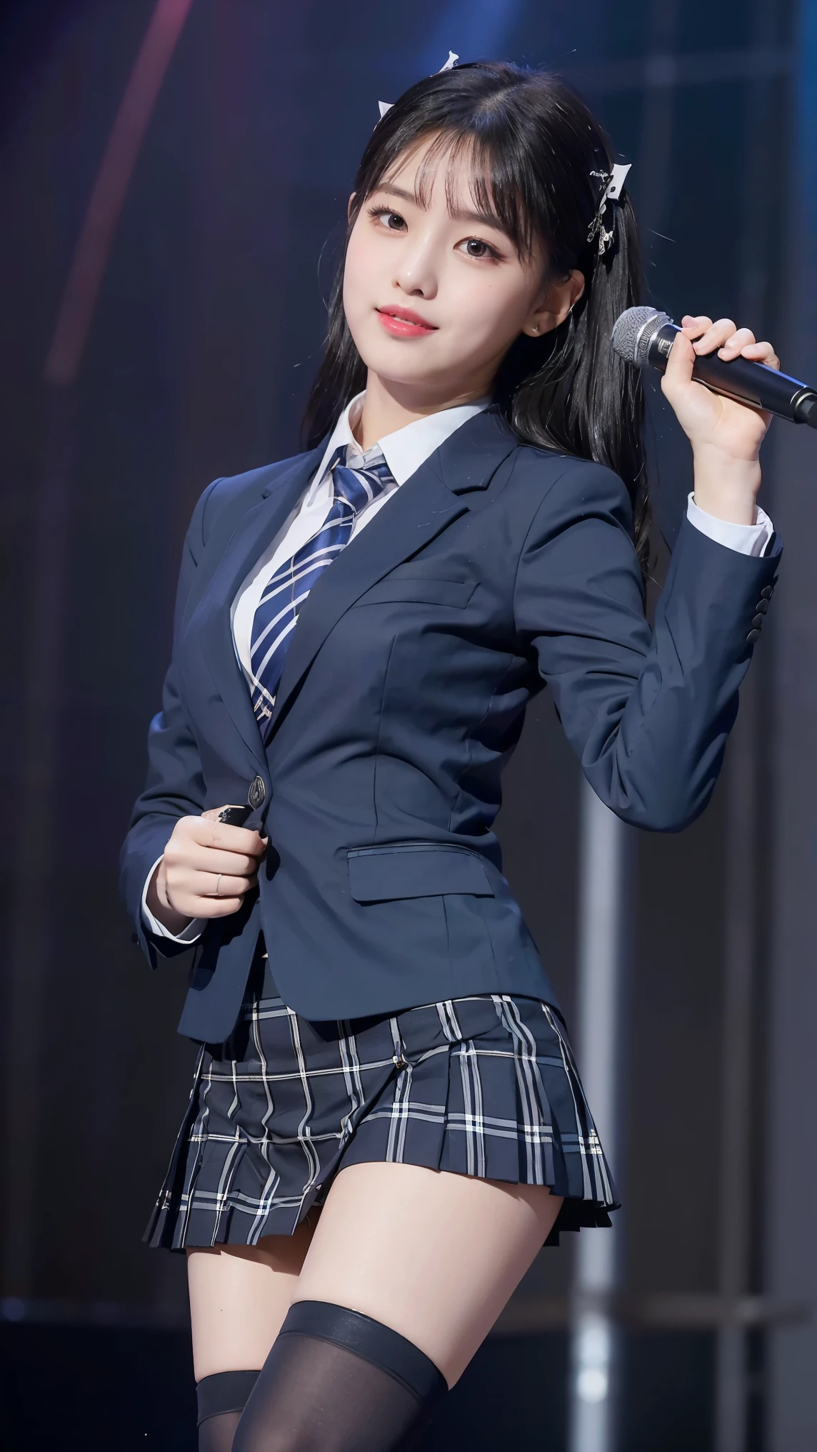 (8K), (highest quality: 1.2), (realistic), (realistic: 1.47), ultra high resolution, 1 girl, cute, smile, closed mouth, (thick lips:1.2),red lip,(Purse your mouth),beautiful details, beautiful nose,(Straight shiny black hair),(With a black ribbon on her head),Standing on the concert stage,hold the microphone in your right hand,Bend your elbows and raise your hands,(University Student Uniform,A simple navy blue blazer,white satin shirt,tie,Tartan check pleated skirt,opaque tights:1.2),(Close up on wet thighs:1.2),(knees),(super low angle:1.2),(medium shot),