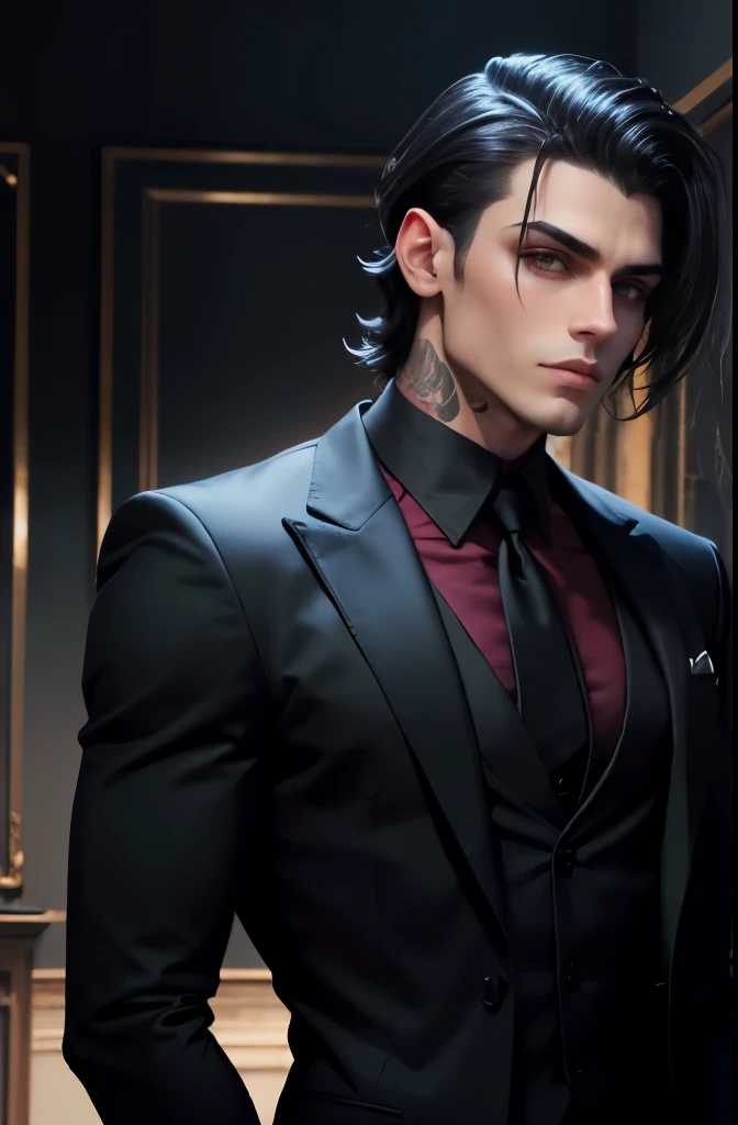 um vampiro muito bonito, magro, corpo masculino, rosto detalhado, Corpo detalhado, wearing a black suite, respingos de sangue, cabelo preto, brincos, o fundo velho castelo fantasia, sangue flutuando.