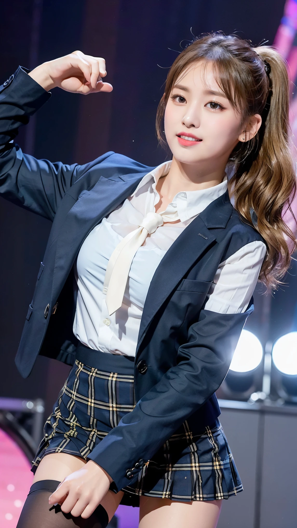 (8K), (highest quality: 1.2), (realistic), (realistic: 1.47), ultra high resolution, 1 girl, cute, smile, closed mouth, (thick lips:1.2),red lip,(Purse your mouth),beautiful details, beautiful nose,(Straight shiny blonde hair),(With a black ribbon on her head),(ponytail hair),Standing on the concert stage,hold the microphone in your right hand,Bend your elbows and raise your hands,(University Student Uniform,A simple navy blue blazer,white satin shirt,tie,Tartan check pleated skirt,opaque tights:1.2),(Close up on wet thighs:1.2),(knees),(super low angle:1.2),(medium shot),