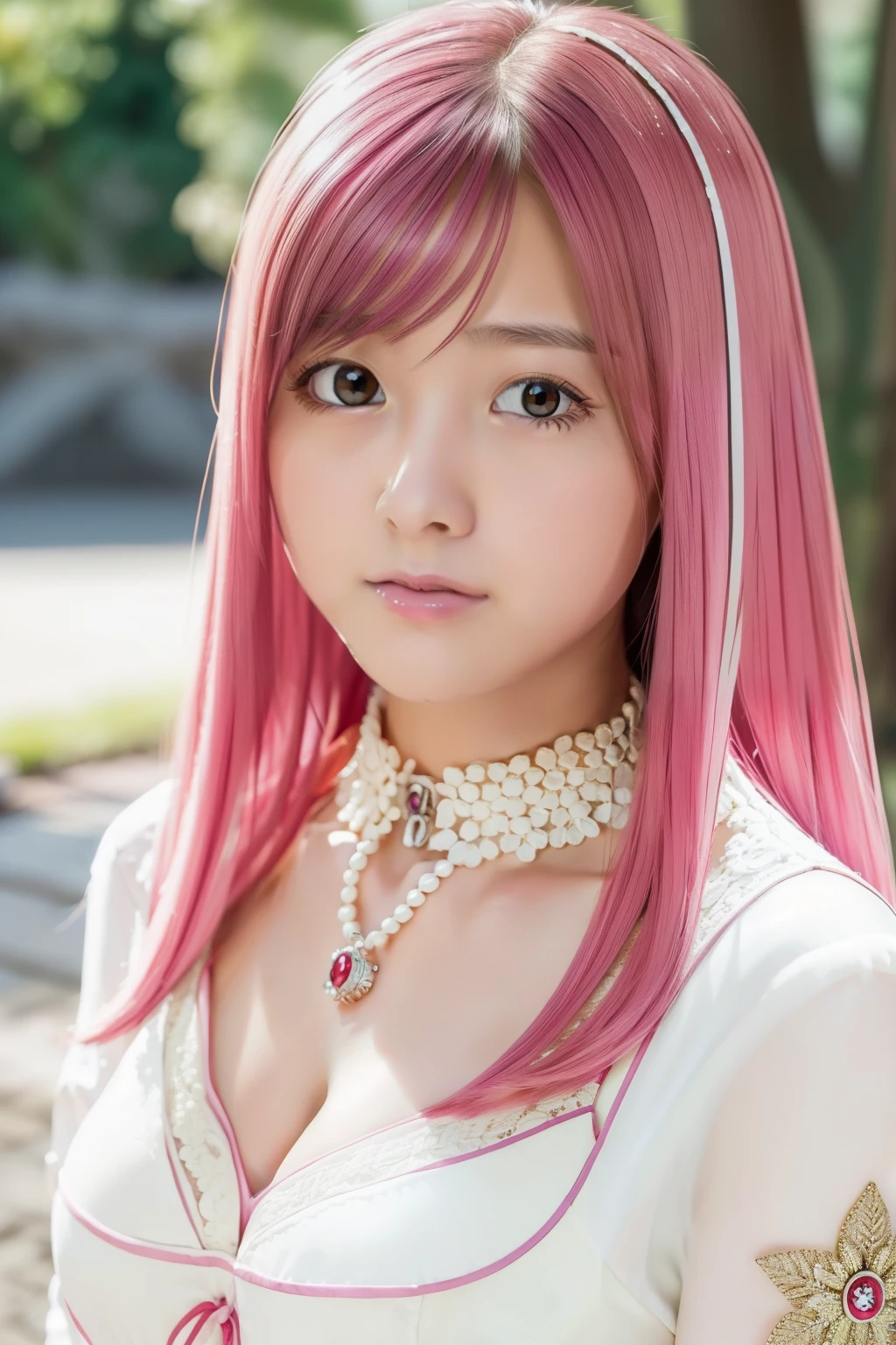green eyes, (highest quality, masterpiece painting:1.3), mature woman, 26 years old, (half body shot), masterpiece, ultra high resolution, (Photoreal:1.0), pink hair、straight hair, beautiful shining hair, white and shining skin, ((Ultra realistic details)), octane rendering, highly detailed face, (big breasts:0.8),(sexy and cute cheongsam,red and white contrast outfit,delicate decoration:1.2), open neckline, (necklace:1.0),cleavage, perfect body, soft skin, anime face, perfect face, perfect eyes, looking at the viewer, smart, Under autumn leaves tree background, Autumn leaf petals are falling, outdoors,shrine, sharp focus, intricate details, professional artwork, (bright colors:1.1), bright colors, diffused lighting, digital blending, ultra-definition body, ultra detail hair, super detailed face, that'It's trending on pixiv, top button open, Cute gaze, compensate, perfect lips, perfect compensate, Ultra-precision coating, (light_smile:0.8), (Very embarrassed:1.2), blush your nose,