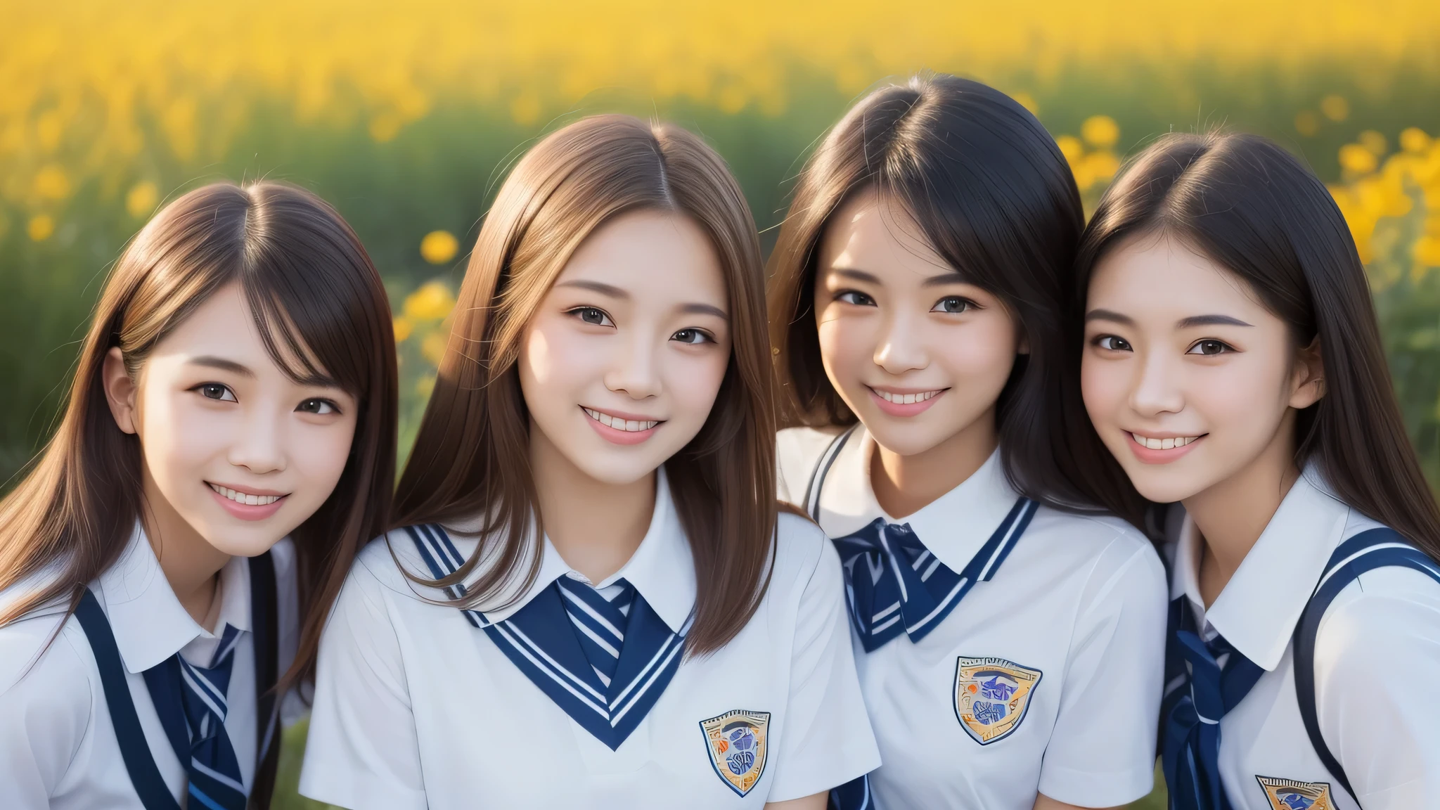 (1girl), (big smile), beautiful face, Amazing face and eyes, delicate, (Best Quality:1.4), (Ultra-detailed), (extremely detailed beautiful face), (princess hair cut style), cute smile, brown eyes, (highly detailed Beautiful face), (short sleeves school uniform:1.3), (extremely detailed CG unified 8k wallpaper), Highly detailed, High-definition raw color photos, Professional Photography, Realistic portrait, evening, Extremely high resolution, smiling, modern, trendy, fashionable, Group photo of high school girls, face close-up, Flower field, 