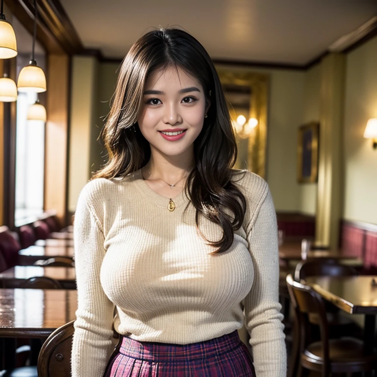 ((Italian restaurant)),(thai woman:1.4),(beige U-neck sweater),(huge breasts:1.4) (Carl outward hair),thin waist,(smile:1.3),small mole under the eye,cowboy shot:1.3, (plaid skirt),