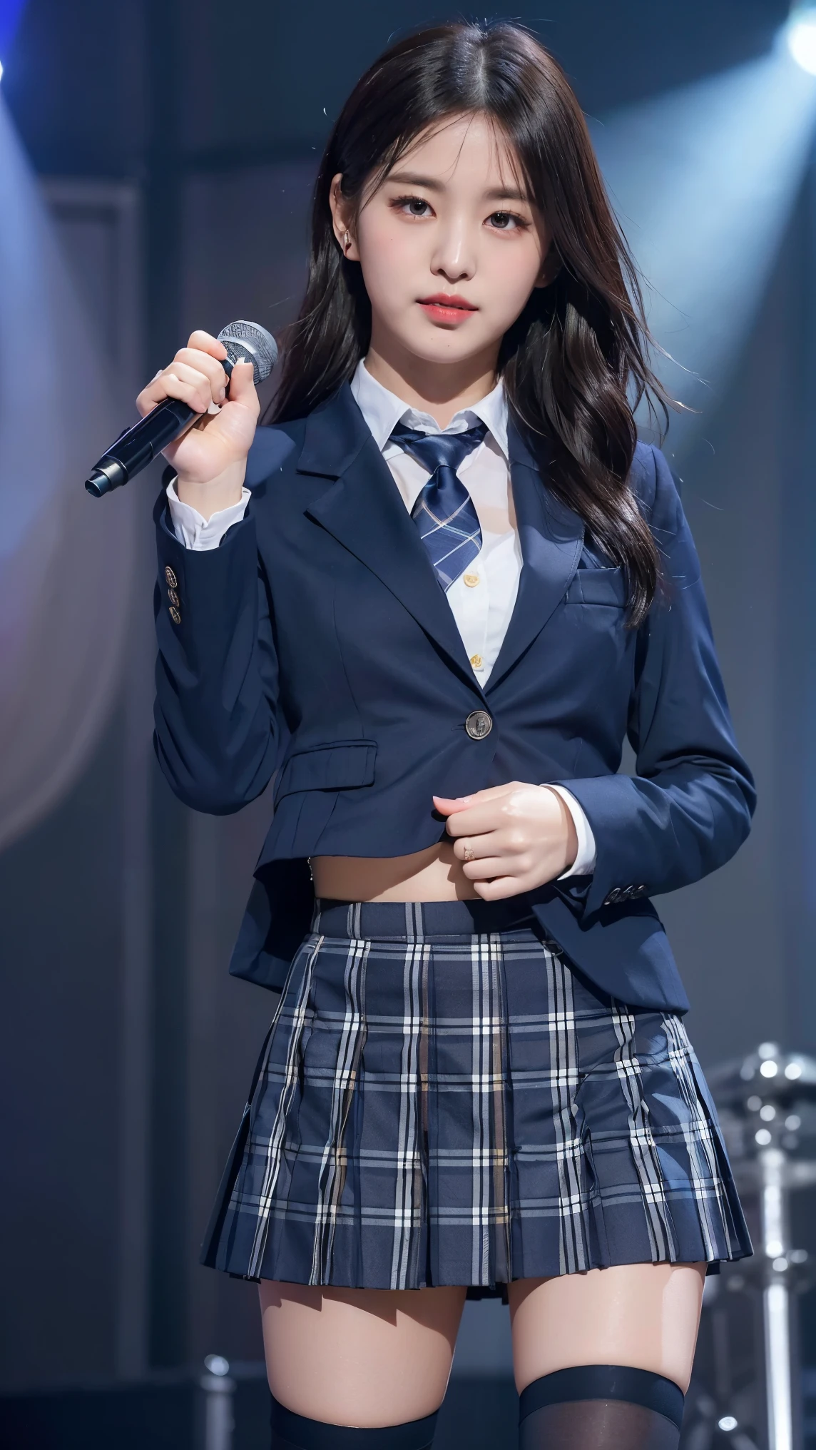 (8K), (highest quality: 1.2), (realistic), (realistic: 1.47), ultra high resolution, 1 girl, cute, smile, closed mouth, (thick lips:1.2),red lip,(Purse your mouth),beautiful details, beautiful nose,(Straight shiny black hair),Standing on the concert stage,hold the microphone in your right hand,Bend your elbows and raise your hands,(University Student Uniform,A simple navy blue blazer,white satin shirt,tie,Tartan check pleated skirt,opaque tights:1.2),(Close up on wet thighs:1.2),(knees),(super low angle:1.2),(medium shot),