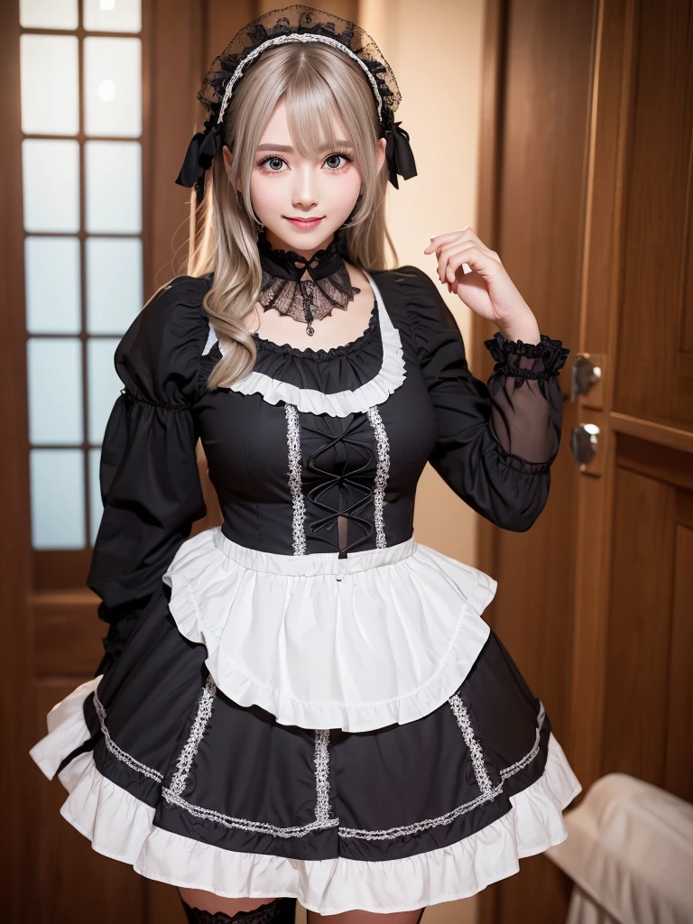(8K, Photorealistic, Raw photo, of the highest quality: 1.3), (1girl in), Super beautiful, (Realistic face), (boyish, Silver Color Berry Shorthair), Beautiful , Glare that captivates the viewer, Beautiful expression, Beautiful breasts, (Realistic skin), Be...Super high quality, super high definition, super detailed, masterpiece, 20years old, female, cute, perfect face, beautiful, gothic lolita clothes, gothic lolita fashion, frilly skirt, headdress, necklace, bracelet, knee-high socks, boots, double eyelids, tear bags, Detailed down to the fingers, photo-like description, indoors, dim indoor lighting, blonde hair, semi long, standing, whole body, composition that shows the whole body, smiling