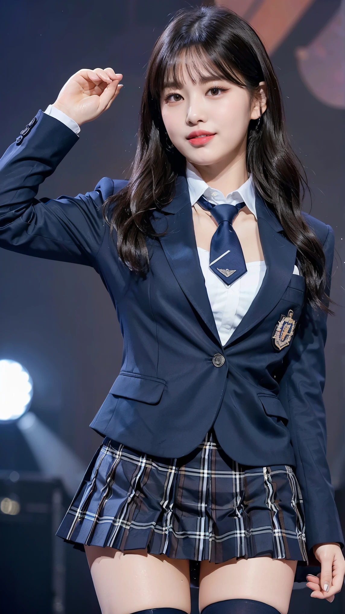 (8K), (highest quality: 1.2), (realistic), (realistic: 1.47), ultra high resolution, 1 girl, cute, smile, closed mouth, (thick lips:1.2),red lip,(Purse your mouth),beautiful details, beautiful nose,(Straight shiny black hair),Standing on the concert stage,hold the microphone in your right hand,Bend your elbows and raise your hands,(University Student Uniform,A simple navy blue blazer,white satin shirt,tie,Tartan check pleated skirt,opaque tights:1.2),(Close up on wet thighs:1.2),(knees),(super low angle:1.2),(medium shot),