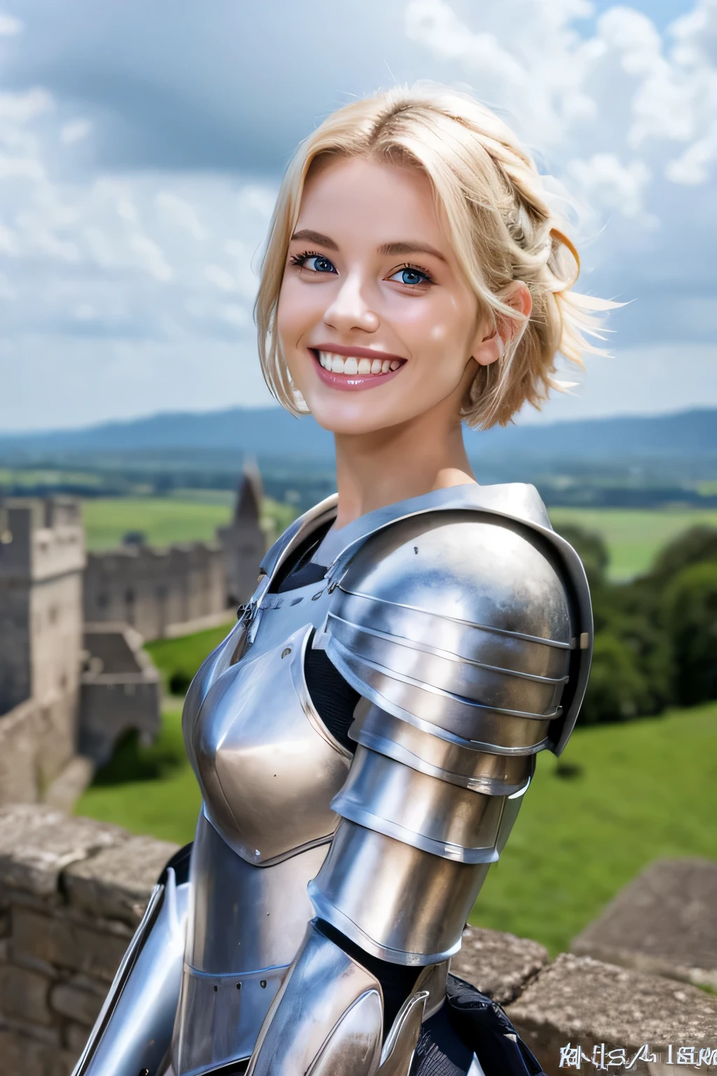 ８Ｋ、highest quality、female knight、The background is a castle、Luxurious Silver Armor、、hairstyle short cut、smile、beautiful teeth、full body photo、ear piercing、blonde、white woman、blue eyes、heavy makeup、The background is a cloudy sky

