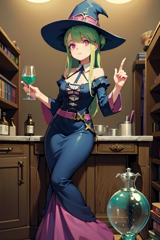 a light green haired female witch with pink eyes with an hourglass figure wearing a conservative Victorian dress is making potions 