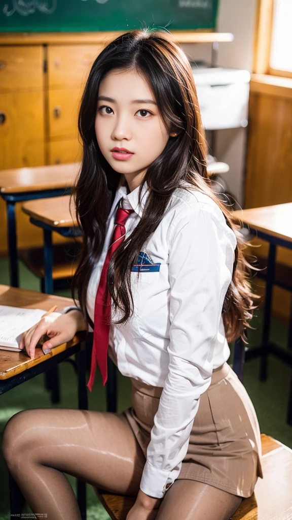 ulzzang-6500-v1.1, (raw photo:1.2), (photorealistic:1.4), beautiful detailed girl, very detailed eyes and face, beautiful detailed eyes, ridiculous, incredibly ridiculous, huge file size, super detailed, high resolution, very detailed, best quality, masterpiece, kemomimi, ((Japanese girls' high school uniform)), illustration, very detailed, CG, unified, 8k wallpaper, amazing, Fine details, masterpiece, best quality, very detailed CG uniform 8k wallpaper, face light, movie lighting, 1girl, 18 years old, ((dynamic pose))), (half), (white stockings)), ()), reddened expression, delicate facial features, perfect figure, background classroom