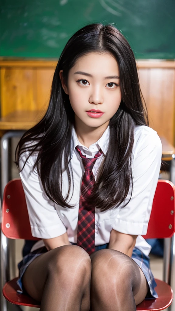 ulzzang-6500-v1.1, (raw photo:1.2), (photorealistic:1.4), beautiful detailed girl, very detailed eyes and face, beautiful detailed eyes, ridiculous, incredibly ridiculous, huge file size, super detailed, high resolution, very detailed, best quality, masterpiece, kemomimi, ((Japanese girls' high school uniform)), illustration, very detailed, CG, unified, 8k wallpaper, amazing, Fine details, masterpiece, best quality, very detailed CG uniform 8k wallpaper, face light, movie lighting, 1girl, 18 years old, ((dynamic pose))), (half), (white stockings)), ()), reddened expression, delicate facial features, perfect figure, background classroom