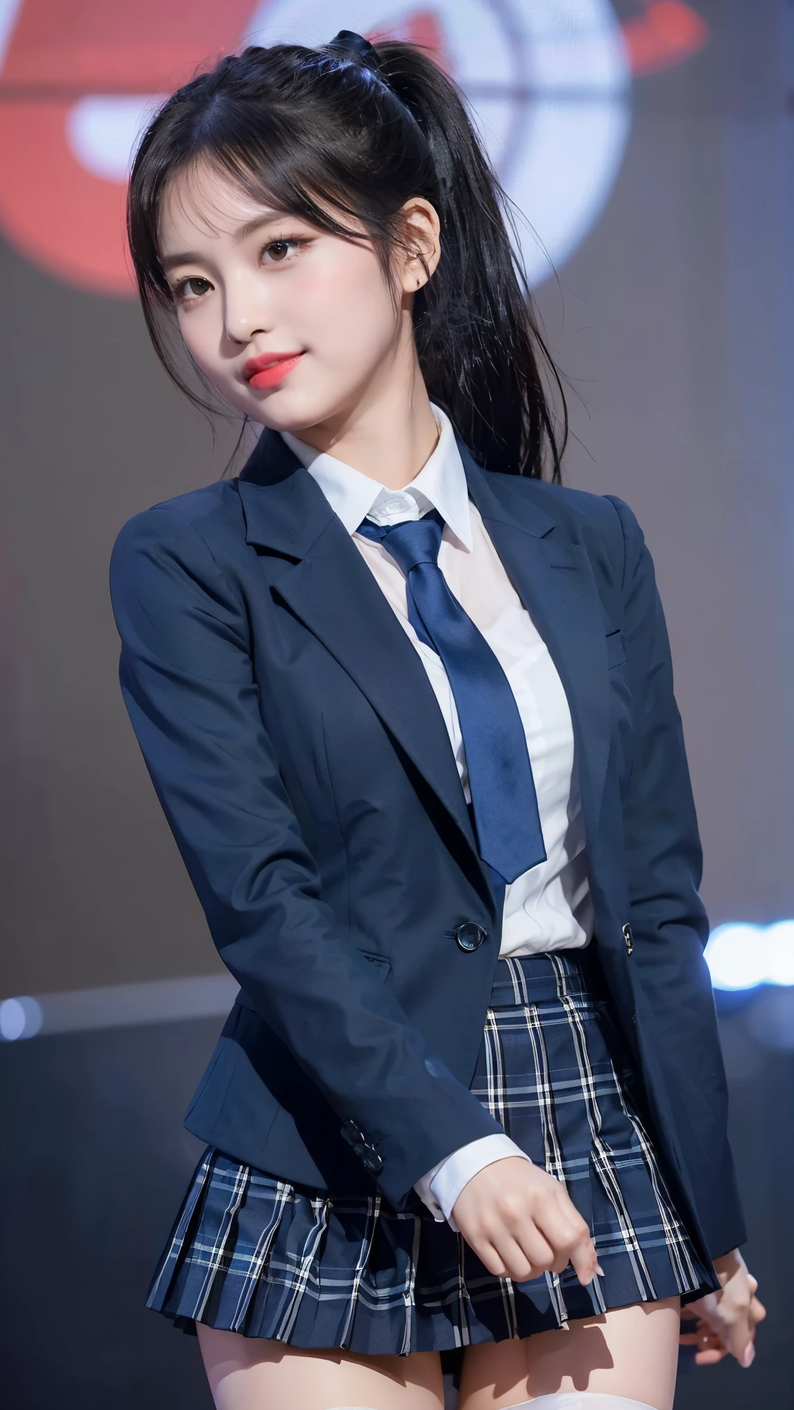 (8K), (highest quality: 1.2), (realistic), (realistic: 1.47), ultra high resolution, 1 girl, cute, smile, closed mouth, (thick lips:1.2),red lip,(Purse your mouth),beautiful details, beautiful nose,(Straight shiny black hair),(With a black ribbon on her head),(ponytail hair),Standing on the concert stage,hold the microphone in your right hand,Bend your elbows and raise your hands,(University Student Uniform,A simple navy blue blazer,white satin shirt,tie,Tartan check pleated skirt,opaque tights:1.2),(Close up on wet thighs:1.2),(knees),(super low angle:1.2),(medium shot),