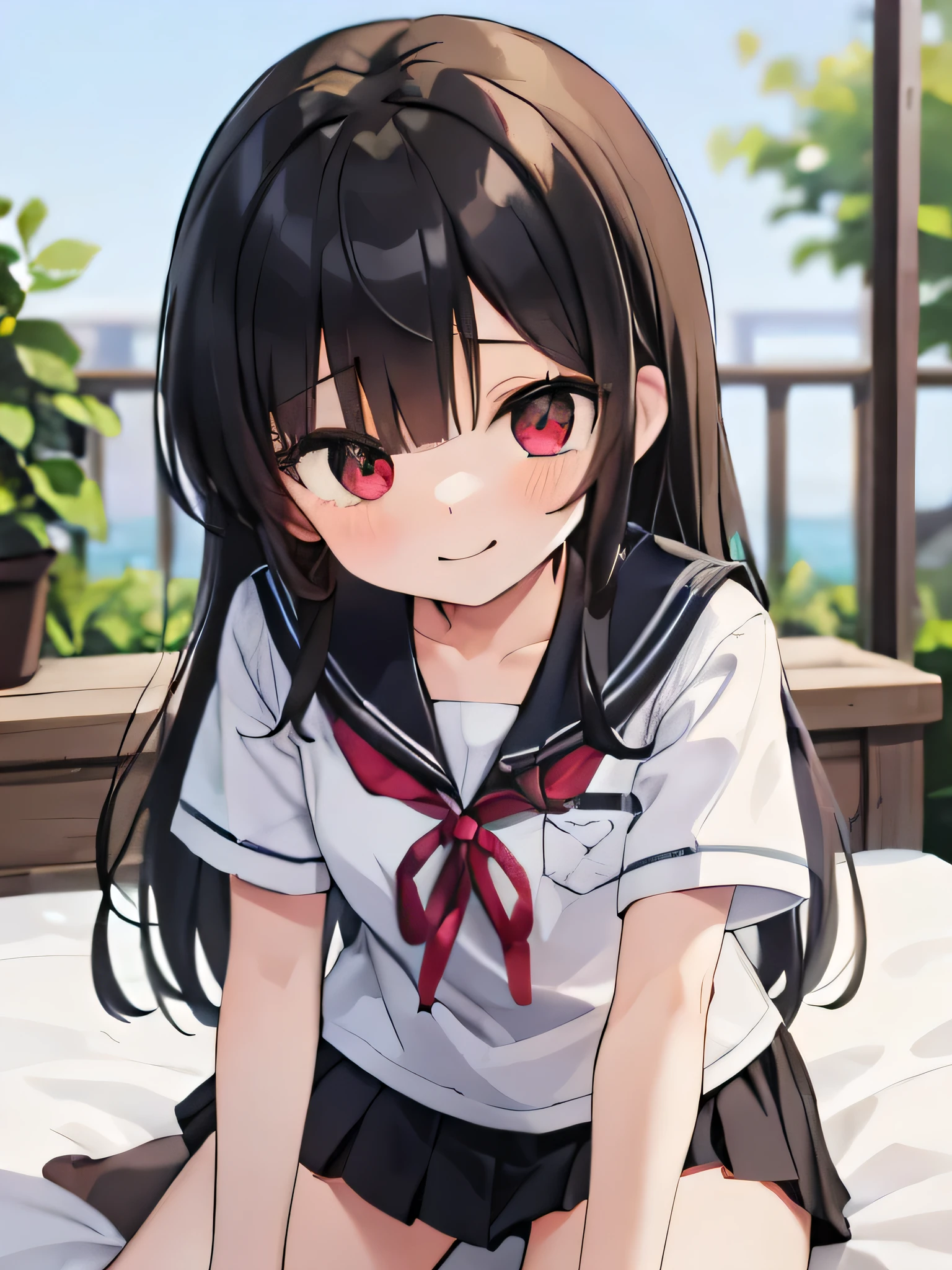 masterpiece, highest quality, 1 girl, alone,  sailor suit,mini skirt, outdoor, red eyes,smile, blush,black hair,long hair,On a pink bed,sexy face,Cheeky smirk,mischief