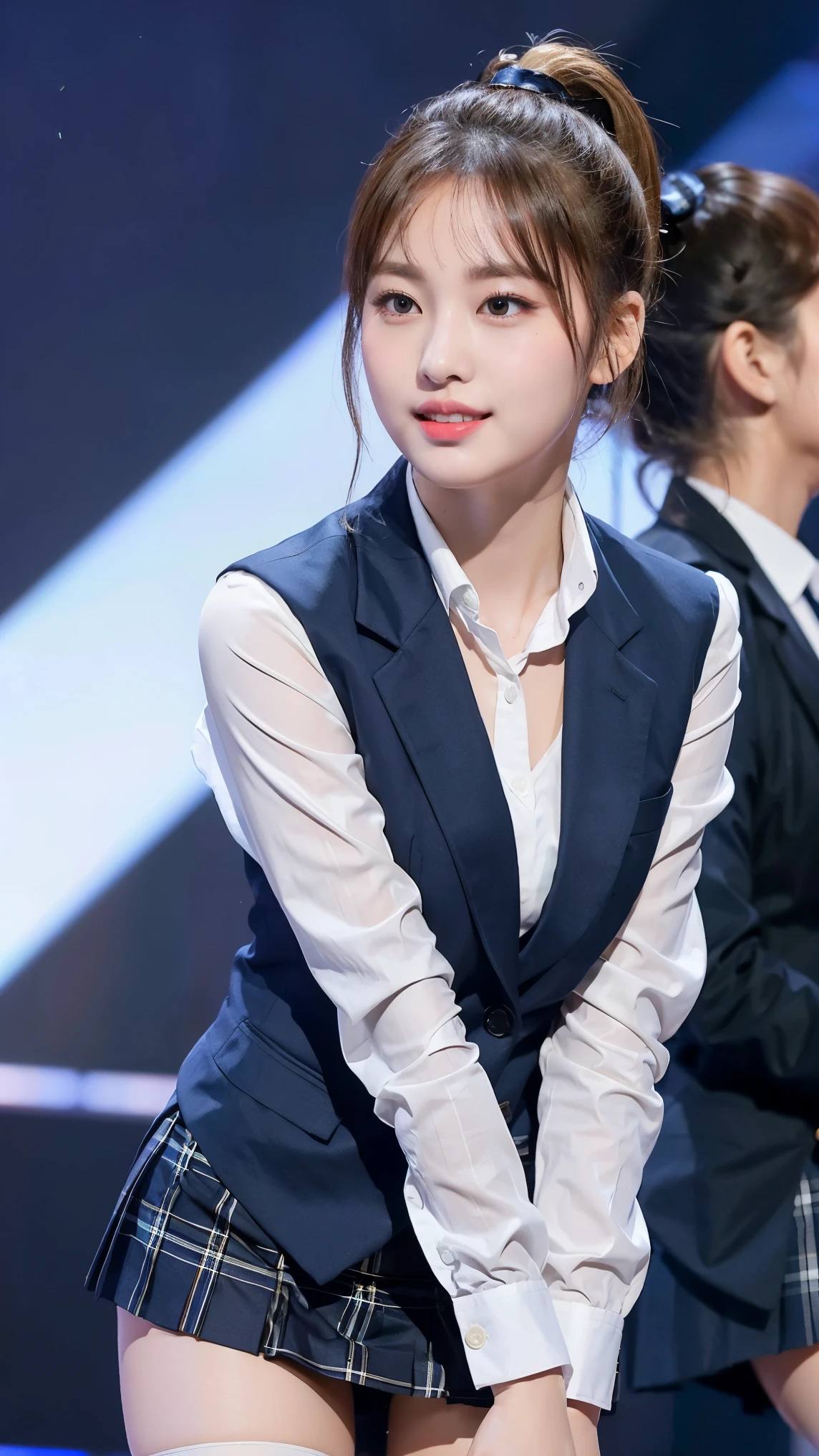 (8K), (highest quality: 1.2), (realistic), (realistic: 1.47), ultra high resolution, 1 girl, cute, smile, closed mouth, (thick lips:1.2),red lip,(Purse your mouth),beautiful details, beautiful nose,(Straight shiny blonde hair),(With a black ribbon on her head),(ponytail hair),Standing on the concert stage,hold the microphone in your right hand,Bend your elbows and raise your hands,(University Student Uniform,A simple navy blue blazer,white satin shirt,tie,Tartan check pleated skirt,opaque tights:1.2),(Close up on wet thighs:1.2),(knees),(super low angle:1.2),(medium shot),