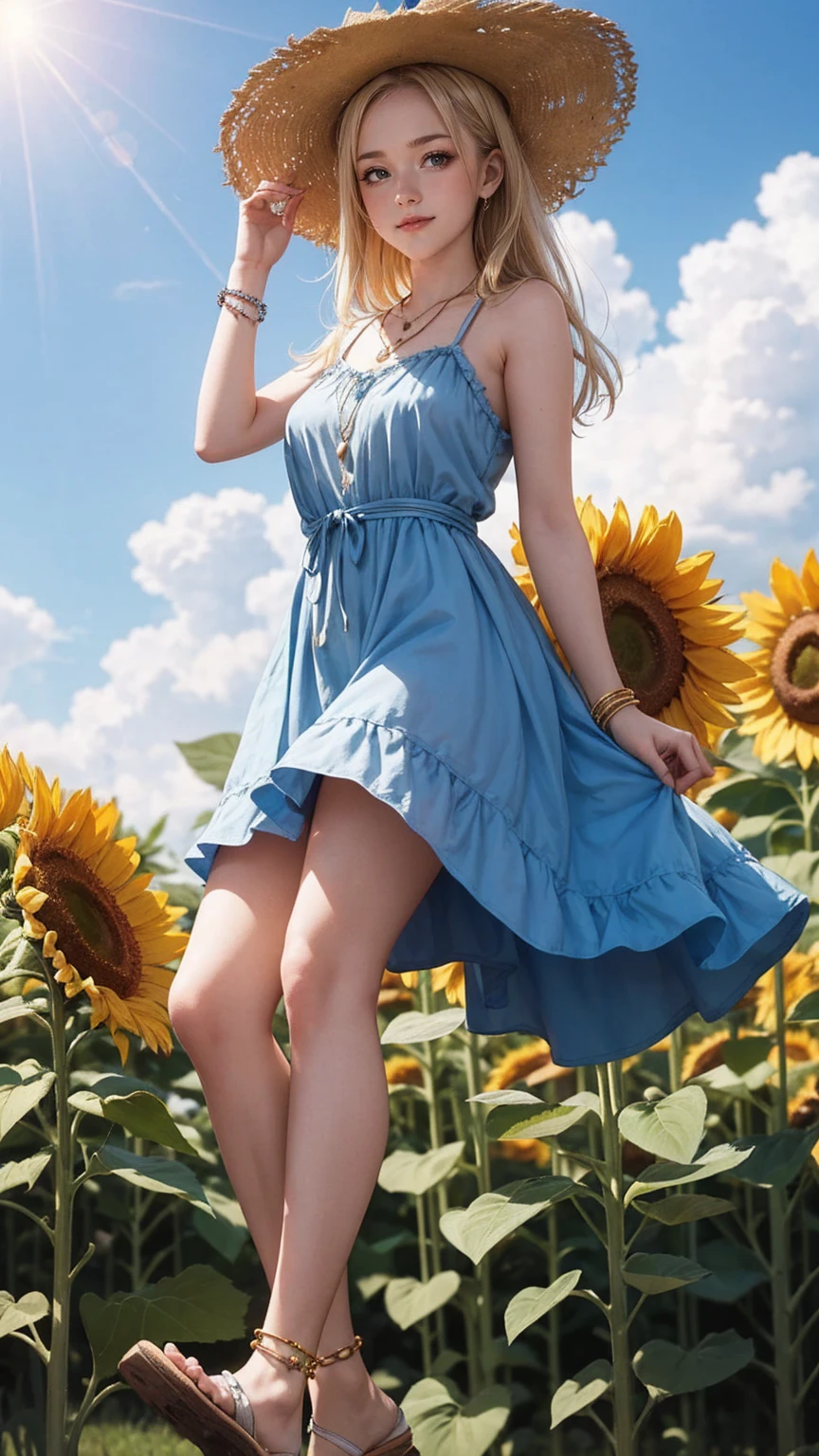 ((最high quality, 8K, masterpiece: 1.3, Ultra HD, high quality, 最high quality, High resolution, realism)) 、25 year old white woman、platinum blonde、blue eyes、long hair、smile、slender、slenderだがアスリートのような細マッチョな身体、I don't want my head to disappear from the screen.、手首にアクセサリーapply、Wearing red nail polish、I have a peticure、anklet((anklet))apply、wear a dress、put on a necklace、I'm in the middle of a vast field of sunflowers in full bloom.、Beautiful blue sky without a single cloud、smile、Wearing a large-brimmed straw hat、Hold the straw hat with your hand so it doesn't fly away.、The wind blows through