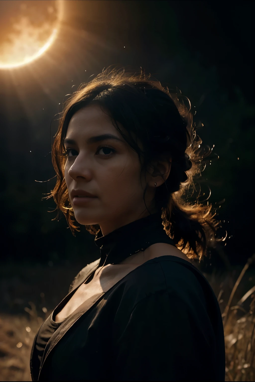Total Eclipse of the Sun: An awe-inspiring, cinematic video capturing the 8k UHD spectacle of a solar eclipse. high quality production brought to you in the style of George Miller's Mad Max. The video should be ultra-realistic, with every detail hyper-realistically rendered in high-resolution. The sun's gradual disappearance under the moon's shadow, bathed in natural light, creates soft, ethereal shadows adorning the landscape. raw and vibrant colors envelop the screen, from the deep blackness of the moon to the fiery intensity of the sun's corona. Volumetric dust particles, depth blur, and