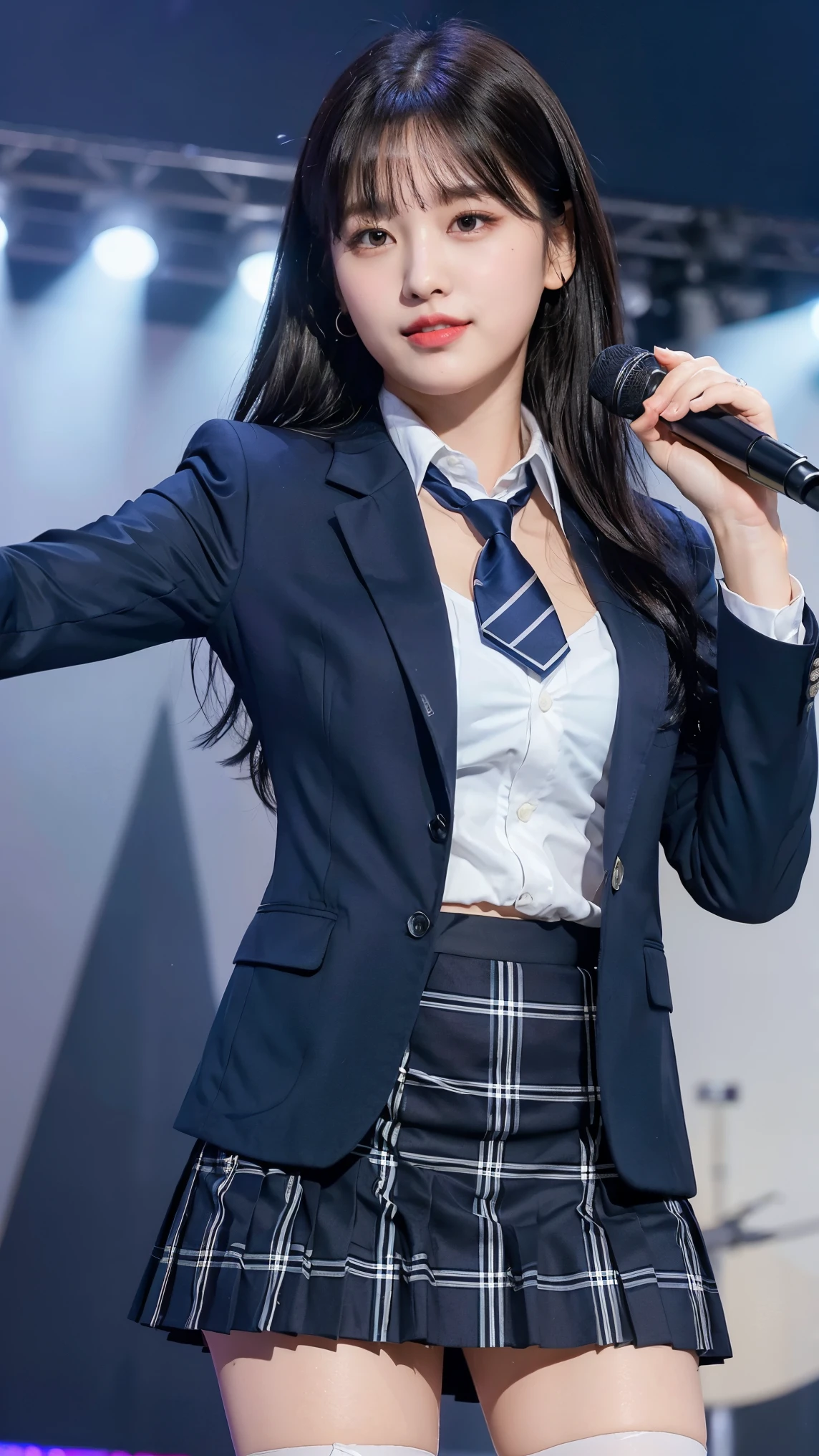 (8K), (highest quality: 1.2), (realistic), (realistic: 1.47), ultra high resolution, 1 girl, cute, smile, closed mouth, (thick lips:1.2),red lip,(Purse your mouth),beautiful details, beautiful nose,(Straight shiny black hair),Standing on the concert stage,hold the microphone in your right hand,Bend your elbows and raise your hands,(University Student Uniform,A simple navy blue blazer,white satin shirt,tie,Tartan check pleated skirt,opaque tights:1.2),(Close up on wet thighs:1.2),(knees),(super low angle:1.2),(medium shot),