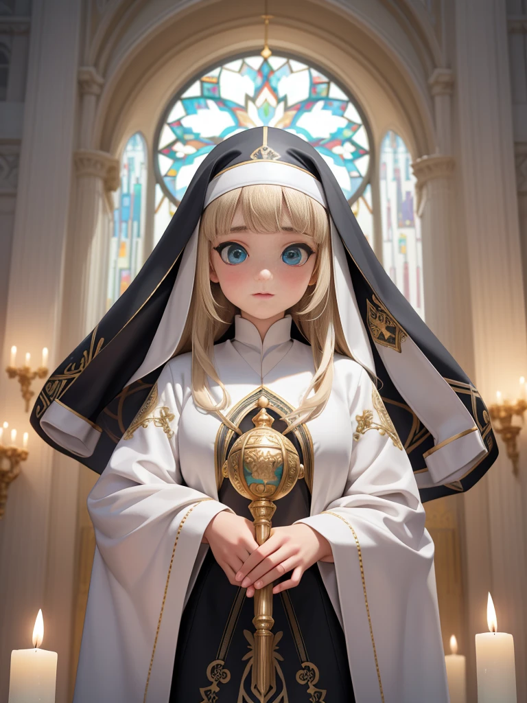 (absurd,High resolution,super detailed),1 girl,a mature woman,Beige blonde hair,long hair,blunt bangs,Aqua blue eyes,Platinum nun's headscarf,Black nun dress with gold trim,complex patterns、long sleeve,Exquisite eyes and exquisite face,Bow and pray,错综intricate details,Break the art of mosaics,tuber,Color Mosaic、complex patterns、Tile design、Durable surface、BREAKMacro photography techniques、Extreme close-up、intricate details、Enlarged texture、Amazing clarity、Hidden beauty、Immersive PerspectiveBREAK 、Created by hand、Handmade products、unique design、intricate details、creative expression、exquisite craftsmanship,Bright Cathedral of God,Candle