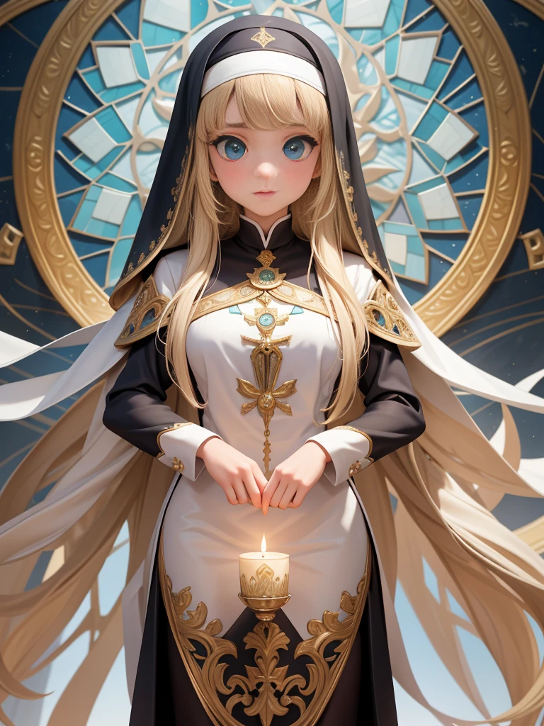 （absurd，High resolution，super detailed），1 girl，a mature woman，Beige blonde hair，long hair，blunt bangs，Aqua blue eyes，Platinum nun&#39;s headscarf，Black nun dress with gold trim，complex patterns、long sleeve，Exquisite eyes and exquisite face，Bow and pray，错综intricate details，Break the art of mosaics，tuber，Color Mosaic、complex patterns、Tile design、Durable surface、BREAKMacro photography techniques、Extreme close-up、intricate details、Enlarged texture、Amazing clarity、Hidden beauty、Immersive PerspectiveBREAK 、Created by hand、Handmade products、unique design、intricate details、creative expression、exquisite craftsmanship，Bright Cathedral of God，Candle