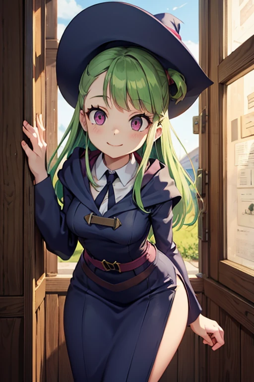 a light green haired female witch with pink eyes with an hourglass figure wearing a conservative Victorian dress is leaning forward while smile