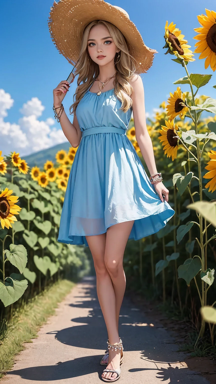 ((最high quality, 8K, masterpiece: 1.3, Ultra HD, high quality, 最high quality, High resolution, realism)) 、25 year old white woman、platinum blonde、blue eyes、long hair、smile、slender、slenderだがアスリートのような細マッチョな身体、I don't want my head to disappear from the screen.、手首にアクセサリーapply、Wearing red nail polish、I have a peticure、anklet((anklet))apply、wear a dress、put on a necklace、I'm in the middle of a vast field of sunflowers in full bloom.、Beautiful blue sky without a single cloud、smile、Wearing a large-brimmed straw hat、Hold the straw hat with your hand so it doesn't fly away.、The wind blows through