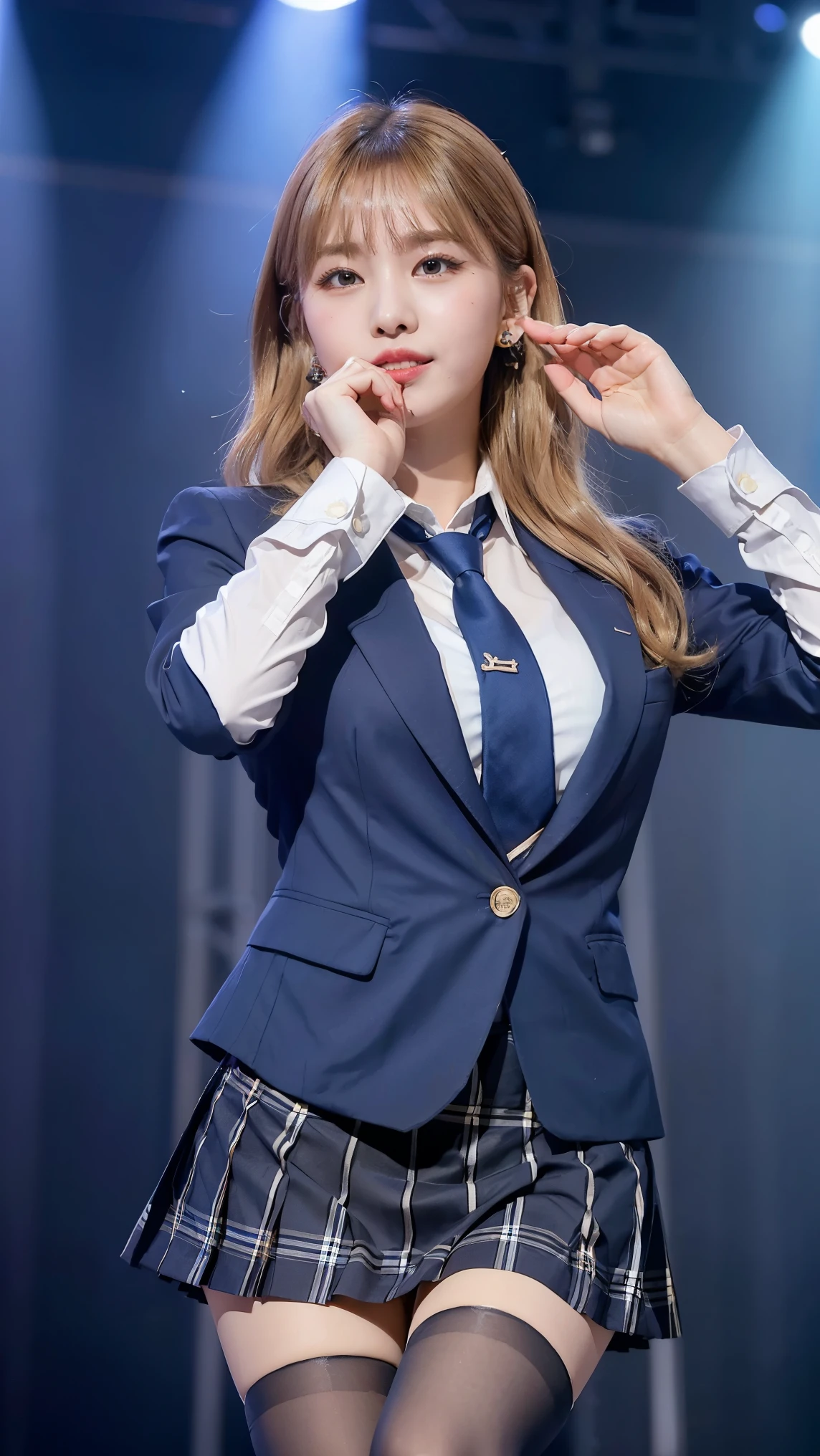 (8K), (highest quality: 1.2), (realistic), (realistic: 1.47), ultra high resolution, 1 girl, cute, smile, closed mouth, (thick lips:1.2),red lip,(Purse your mouth),beautiful details, beautiful nose,(Straight shiny white blonde hair),Standing on the concert stage,hold the microphone in your right hand,Bend your elbows and raise your hands,(University Student Uniform,A simple navy blue blazer,white satin shirt,tie,Tartan check pleated skirt,opaque tights:1.2),(Close up on wet thighs:1.2),(knees),(super low angle:1.2),(medium shot),