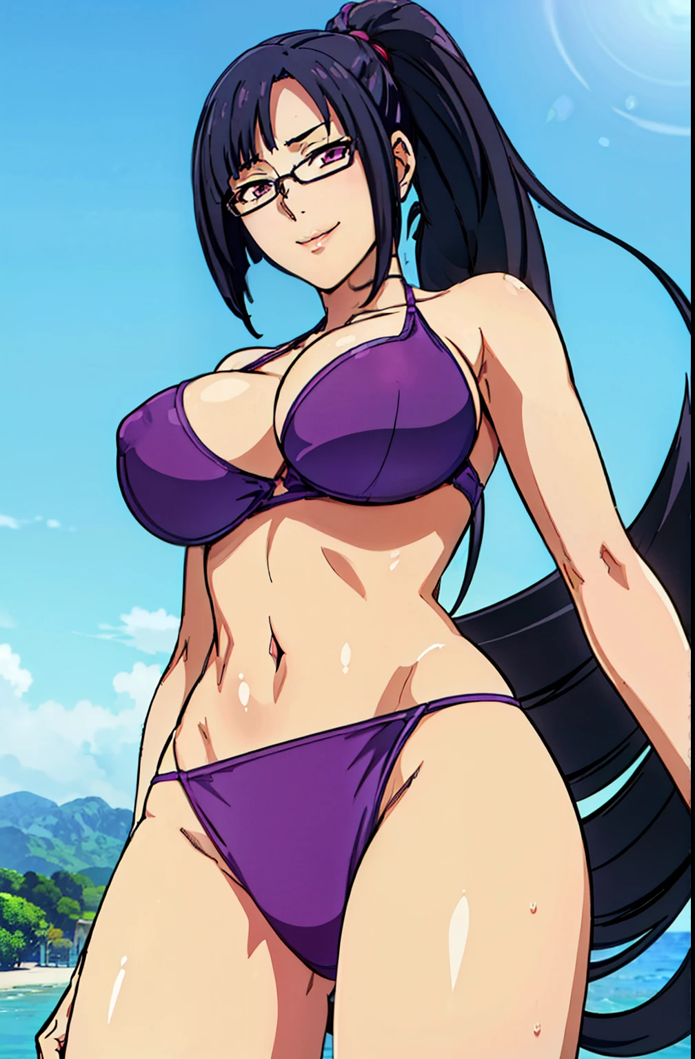 (standing), lifting her hands on head, showing armpits, soft blue bikini, (beach background), (sunny weather), Litchi Faye-Ling, mature woman, anime cels style, best quality, high resolution, 1girl, (huge breasts:1.2), beautiful face, Beautiful Finger, Beautiful long legs, Beautiful body, Beautiful Nose,Beautiful character design, semi-rimless eyewear, black hair, very long hair, ponytail,Bangs,purple eyes, (cowboy shot), smiling, looking at viewer, (pov from below)