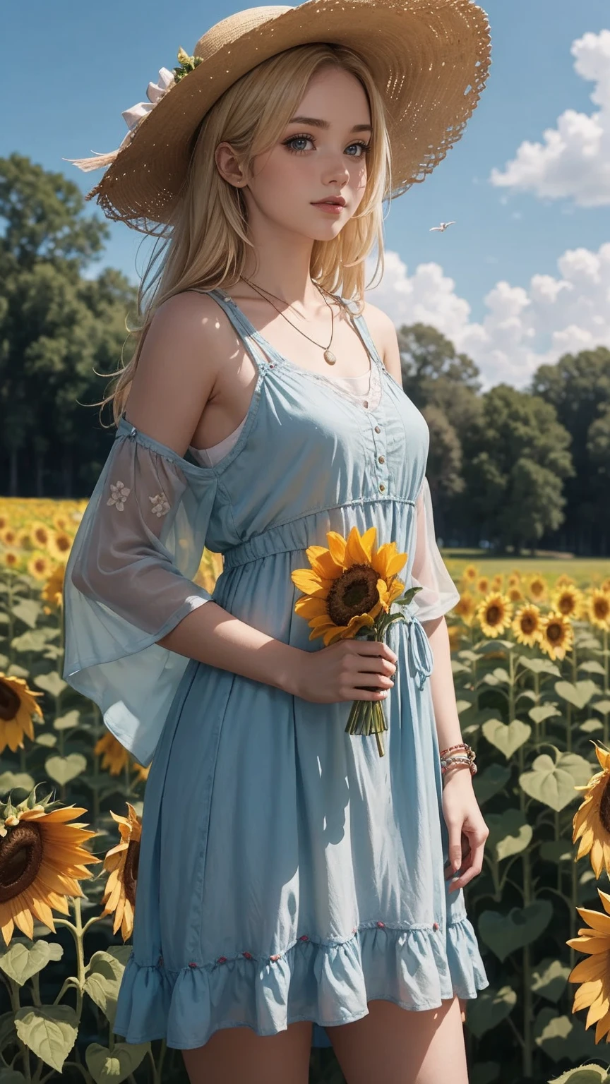 ((最high quality, 8K, masterpiece: 1.3, Ultra HD, high quality, 最high quality, High resolution, realism)) 、25 year old white woman、platinum blonde、blue eyes、long hair、smile、slender、slenderだがアスリートのような細マッチョな身体、I don't want my head to disappear from the screen.、手首にアクセサリーapply、Wearing red nail polish、I have a peticure、anklet((anklet))apply、wear a dress、put on a necklace、I'm in the middle of a vast field of sunflowers in full bloom.、Beautiful blue sky without a single cloud、smile、Wearing a large-brimmed straw hat、Hold the straw hat with your hand so it doesn't fly away.、The wind blows through