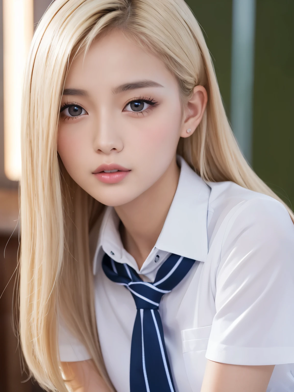 (table top:1.4, Photoreal:1.4, 8K), highest quality, masterpiece, ultra high resolution, perfect dynamic composition, big face、round face、((platinum blonde, long hair, curl inside hair))、Highly detailed skin and facial textures:1.3, Detail of limbs, 1 girl, Cute sexy 22 year old woman, (sunburn:1.2), ((completely enchants you:0.9)), ((school uniform, white collared short sleeve shirt, Striped tie)),Medium chest, (distant eyes, beautiful eyes, brown eyes、Eyes that feel beautiful eros:0.85), sexy face:0.4, (closed mouth、small mouth、thick lips、A taste of beautiful eroticism:0.85), ((Too cute beauty:0.9))、gal makeup、((extreme close up))