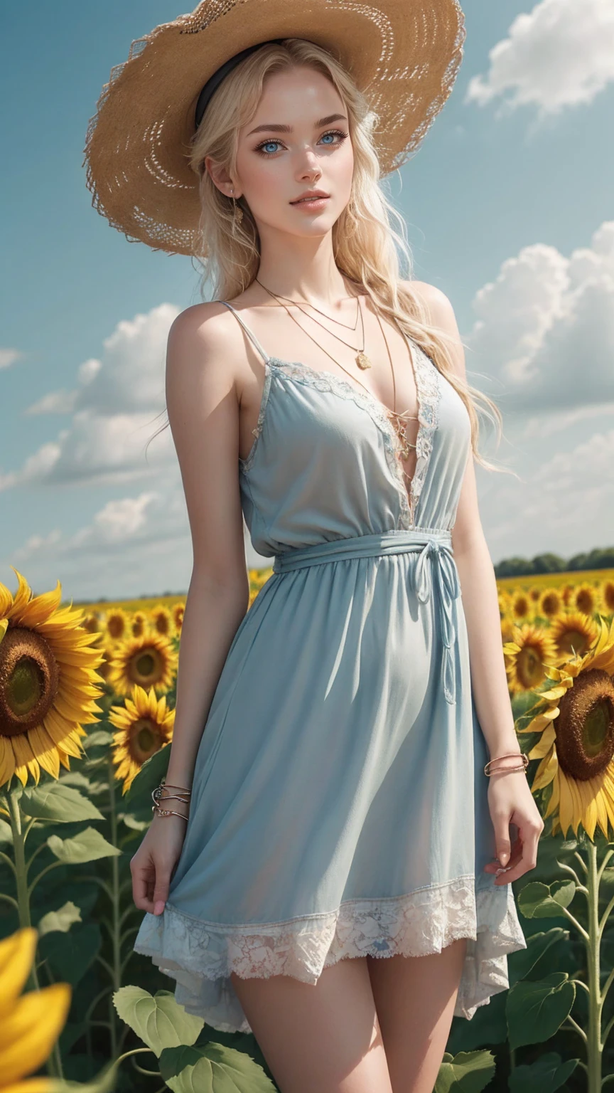 ((最high quality, 8K, masterpiece: 1.3, Ultra HD, high quality, 最high quality, High resolution, realism)) 、25 year old white woman、platinum blonde、blue eyes、long hair、smile、slender、slenderだがアスリートのような細マッチョな身体、I don&#39;t want my head to disappear from the screen.、手首にアクセサリーapply、Wearing red nail polish、I have a peticure、anklet((anklet))apply、wear a dress、put on a necklace、I&#39;m in the middle of a vast field of sunflowers in full bloom.、Beautiful blue sky without a single cloud、smile、Wearing a large-brimmed straw hat、Hold the straw hat with your hand so it doesn&#39;t fly away.、The wind blows through