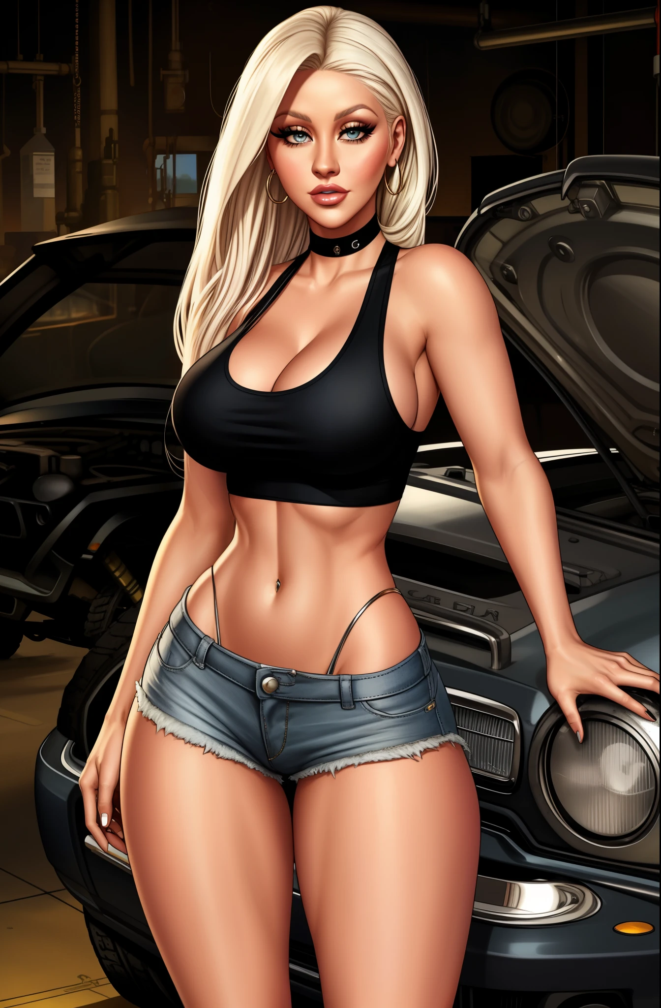 Christina Aguilera wearing a tank top and mini shorts, mechanic, oil