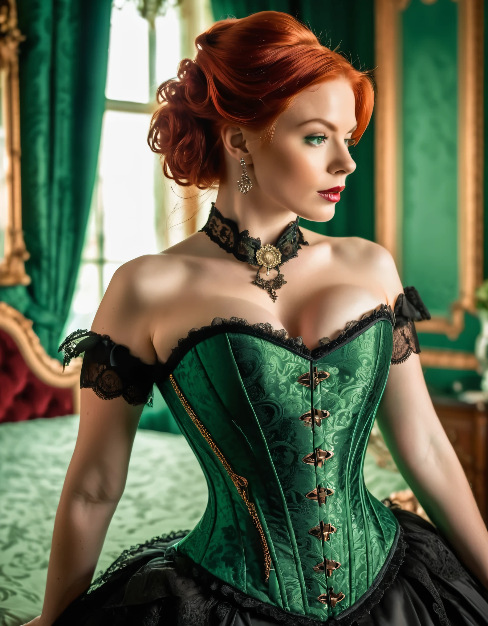 Generate a professional photoshoot capturing the elegance of a beautiful woman with red hair and green eyes, wearing a ((duotone [red and black]) ornate corset), posed gracefully in a Victorian-era luxury bedroom setting. photo realistic, 16k, nsfw, uncensored, (full body:1.5)