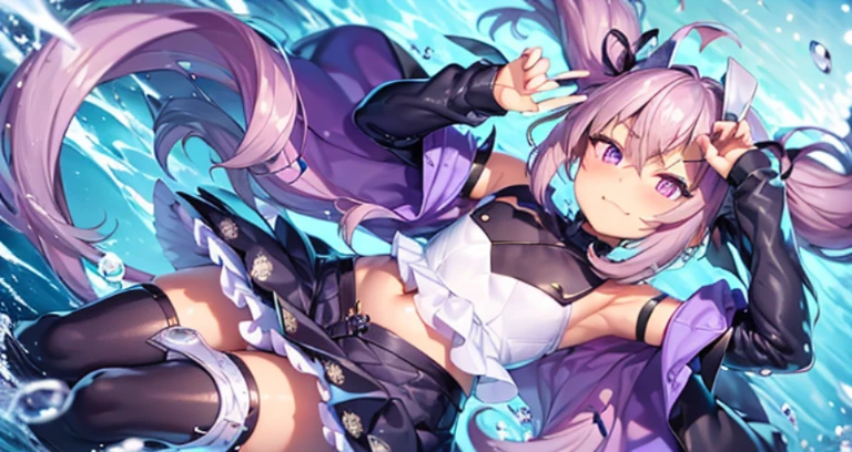 blush、(((((smug)))))、((narrow your eyes))、Fangs open mouth、((((femboy、Fake Girl、flexible、thin、flat chest、poor chest、ramp shoulder))))、(((constricted waist)))、{{{{purple hair、long hair、twin tails、wavy hair}}}}、{{{{giggle、mini skirt、black ribbon}}}}、Doing pieces with both hands、((((swollen crotch))))