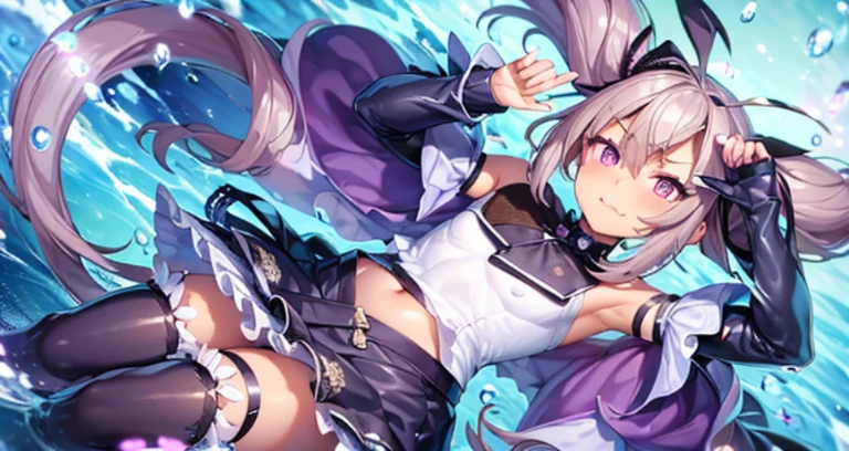 blush、(((((smug)))))、((narrow your eyes))、Fangs open mouth、((((femboy、Fake Girl、flexible、thin、flat chest、poor chest、ramp shoulder))))、(((constricted waist)))、{{{{purple hair、long hair、twin tails、wavy hair}}}}、{{{{giggle、mini skirt、black ribbon}}}}、Doing pieces with both hands、((((swollen crotch))))
