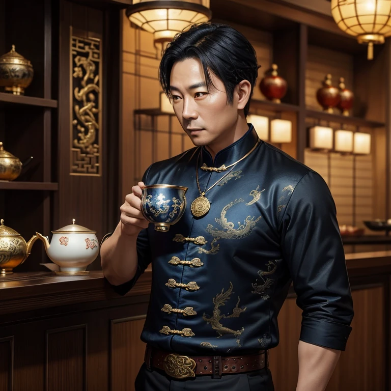 40-year-old Asian man in black and blue clothing, no hat, black hair, brown eyes, black pants, red fabric belt, dragon medallion on the neck, gold print, drinking tea, looking forward towards the viewer in a Chinese tea shop background, slim muscular build. 